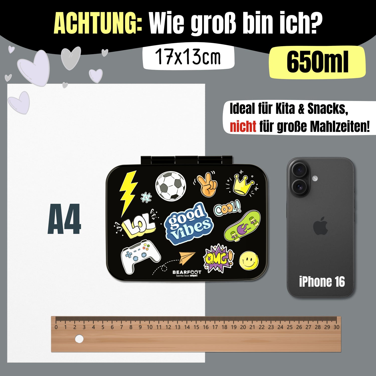 Brotdose mit Fächern, leicht &amp; auslaufsicher - Sticker schwarz