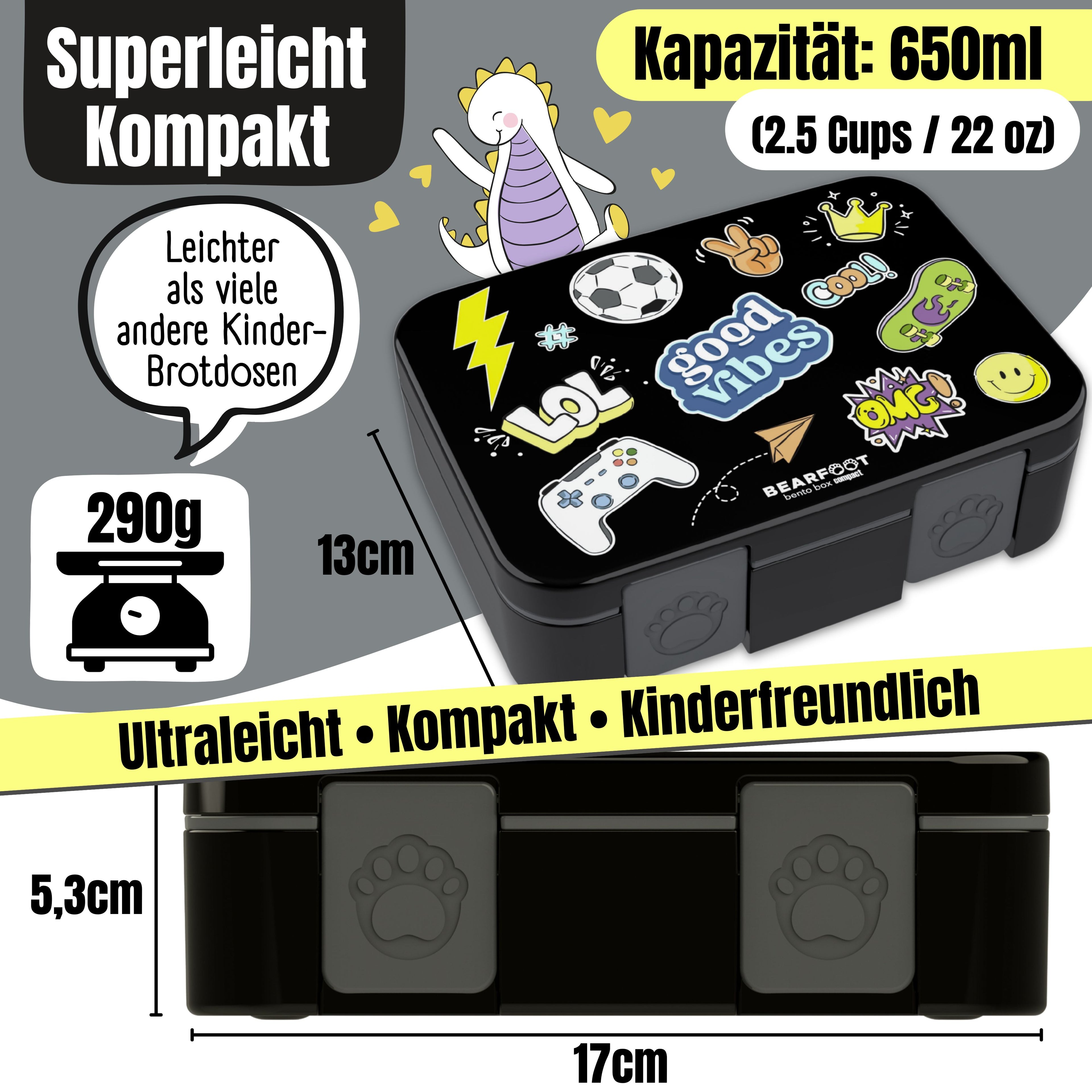 Brotdose mit Fächern, leicht &amp; auslaufsicher - Sticker schwarz