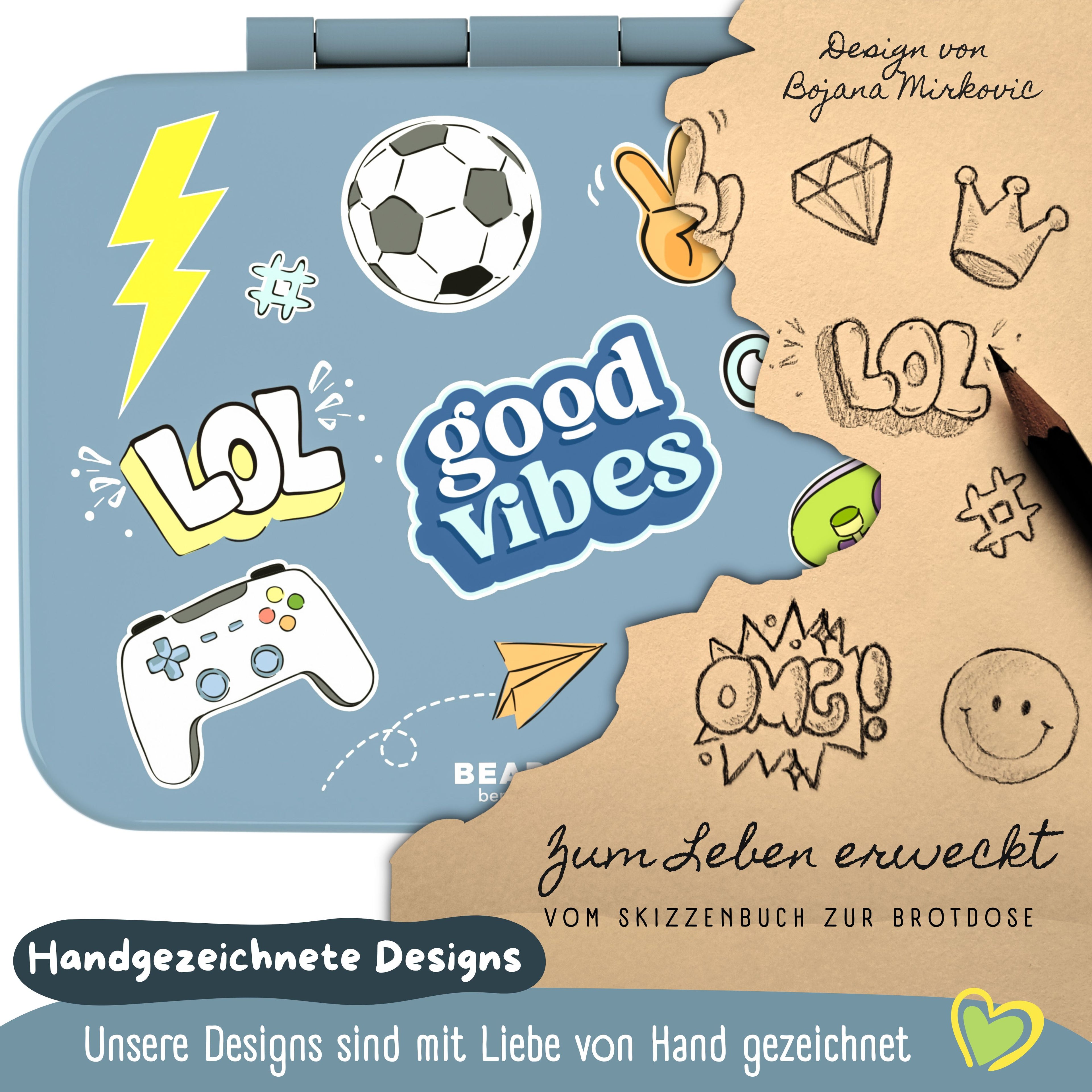 Brotdose mit Fächern, leicht &amp; auslaufsicher - Sticker blau