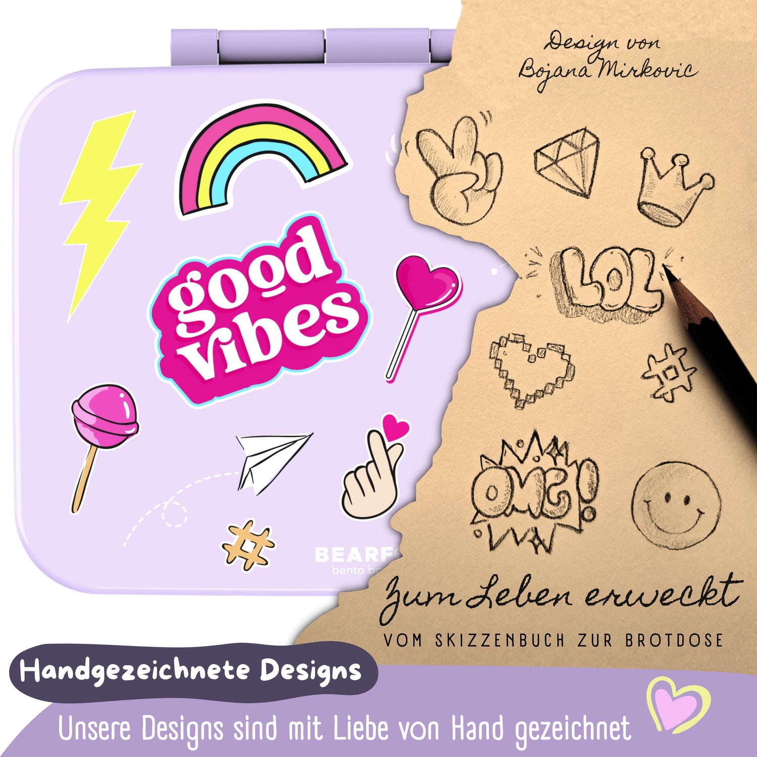 Brotdose mit Fächern, leicht &amp; auslaufsicher - Sticker lila