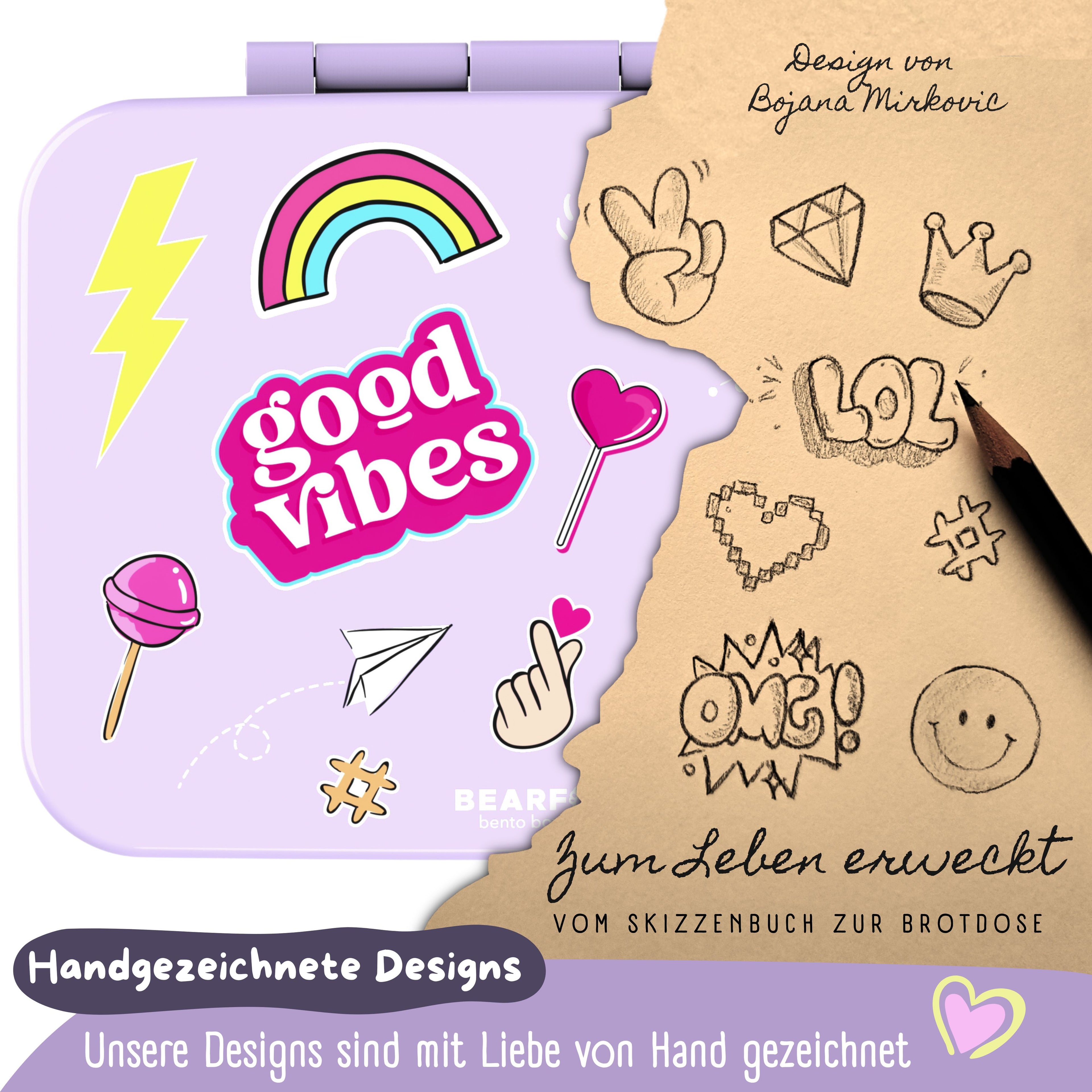 Brotdose mit Fächern, leicht &amp; auslaufsicher - Sticker lila