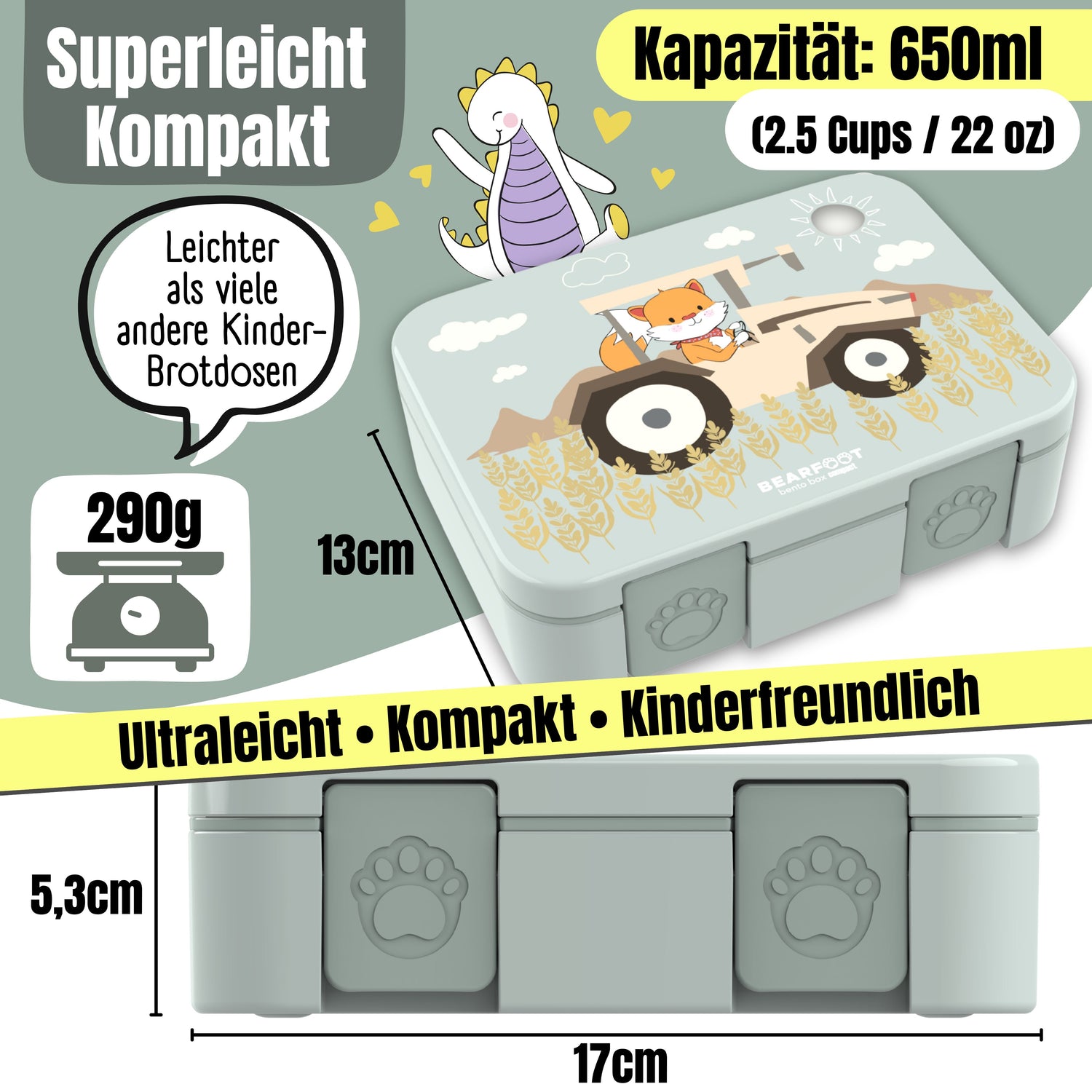 Brotdose mit Fächern, leicht &amp; auslaufsicher -Traktor Salbei