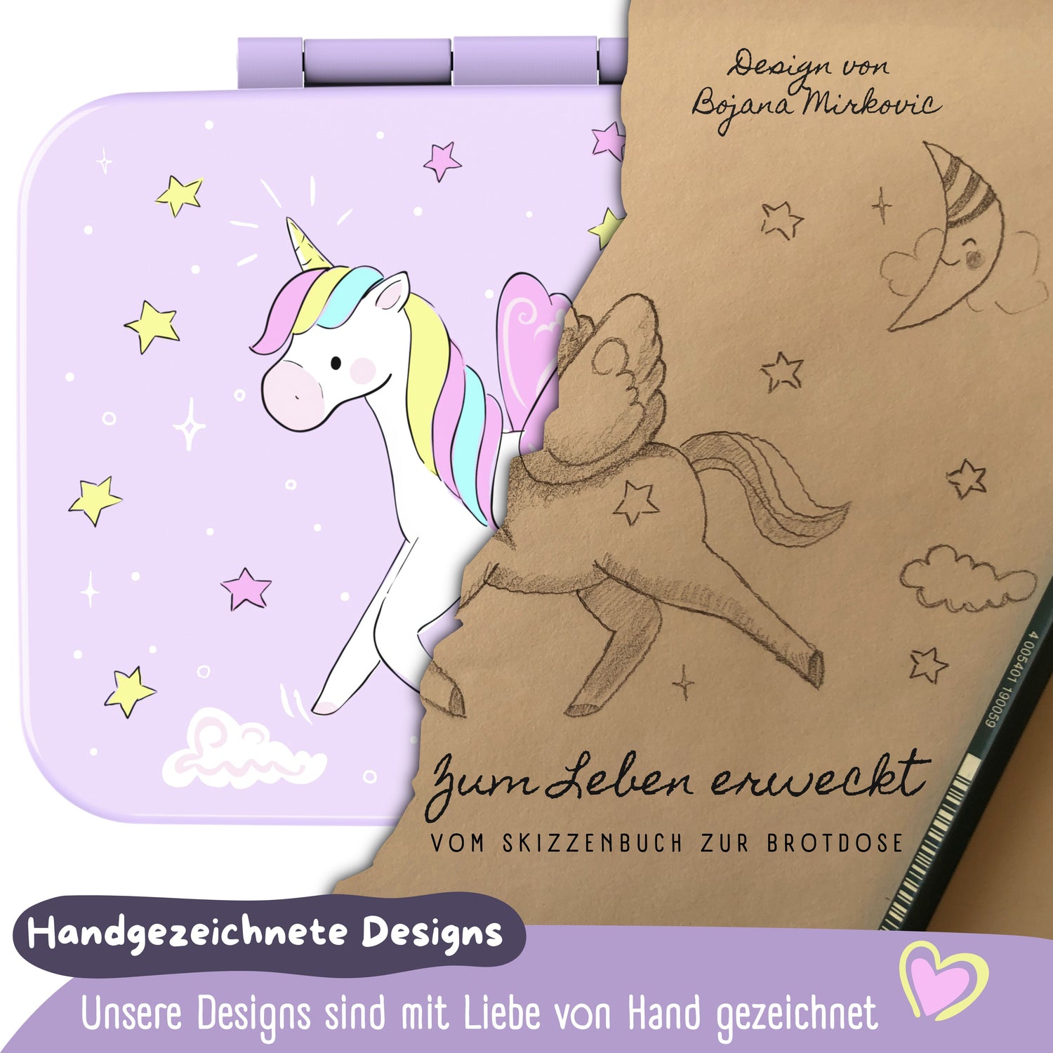 Brotdose mit Fächern, leicht &amp; auslaufsicher - Einhorn lila
