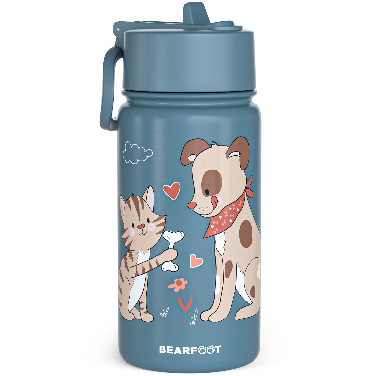 Gourde thermos pour enfants en acier inoxydable - chien et chat bleu