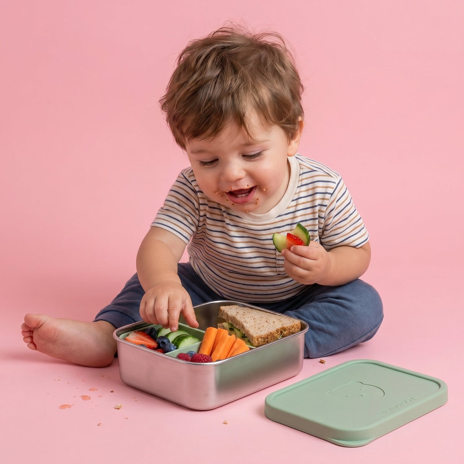 Brotdose Kinder Edelstahl mit Silikoneinsatz - Salbei