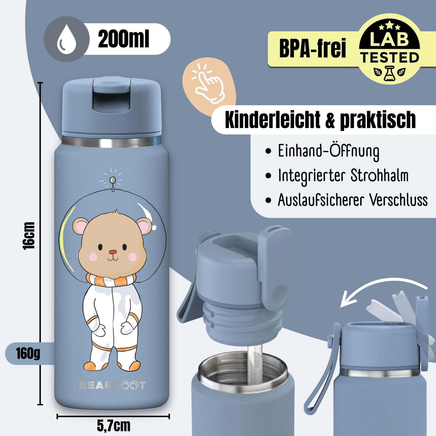 TINY Thermo Kinder Trinkflasche Edelstahl - Astro Bär blau