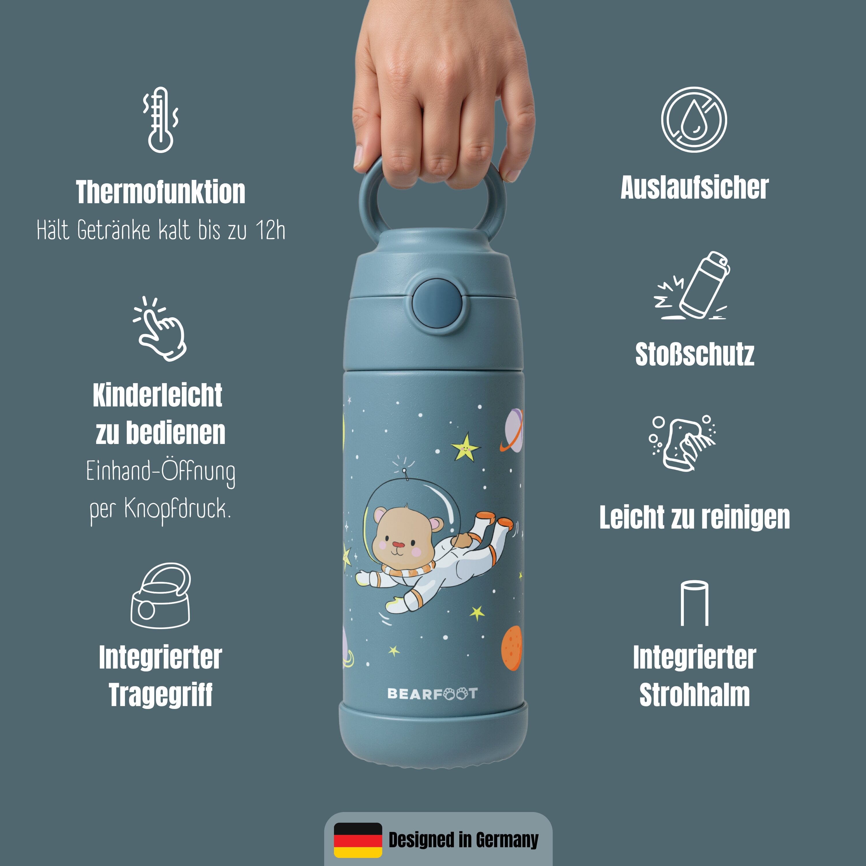 Thermo Kinder Trinkflasche Edelstahl - Astro Bär blau