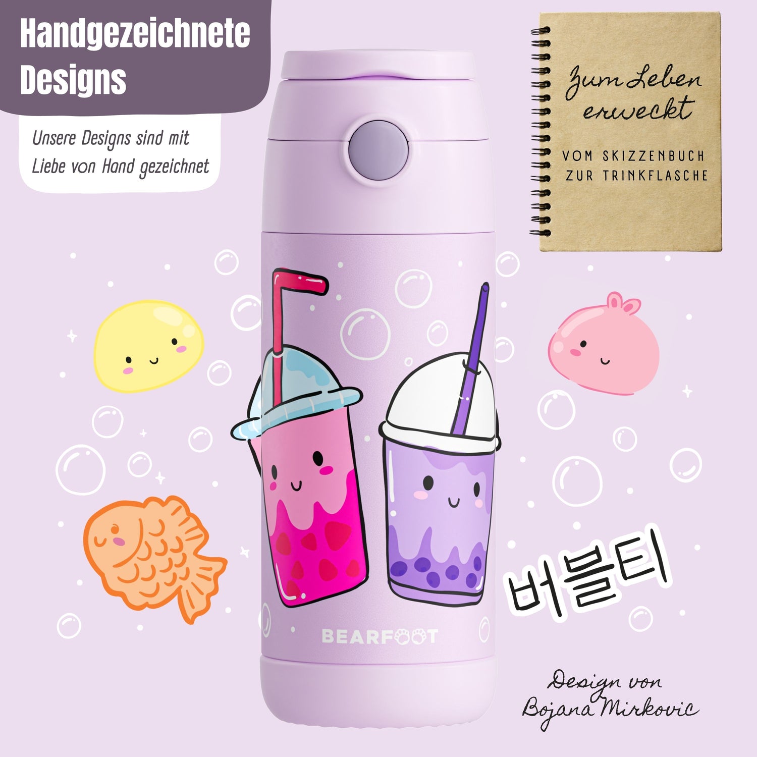 Thermo Kinder Trinkflasche Edelstahl - BubbleTea lila