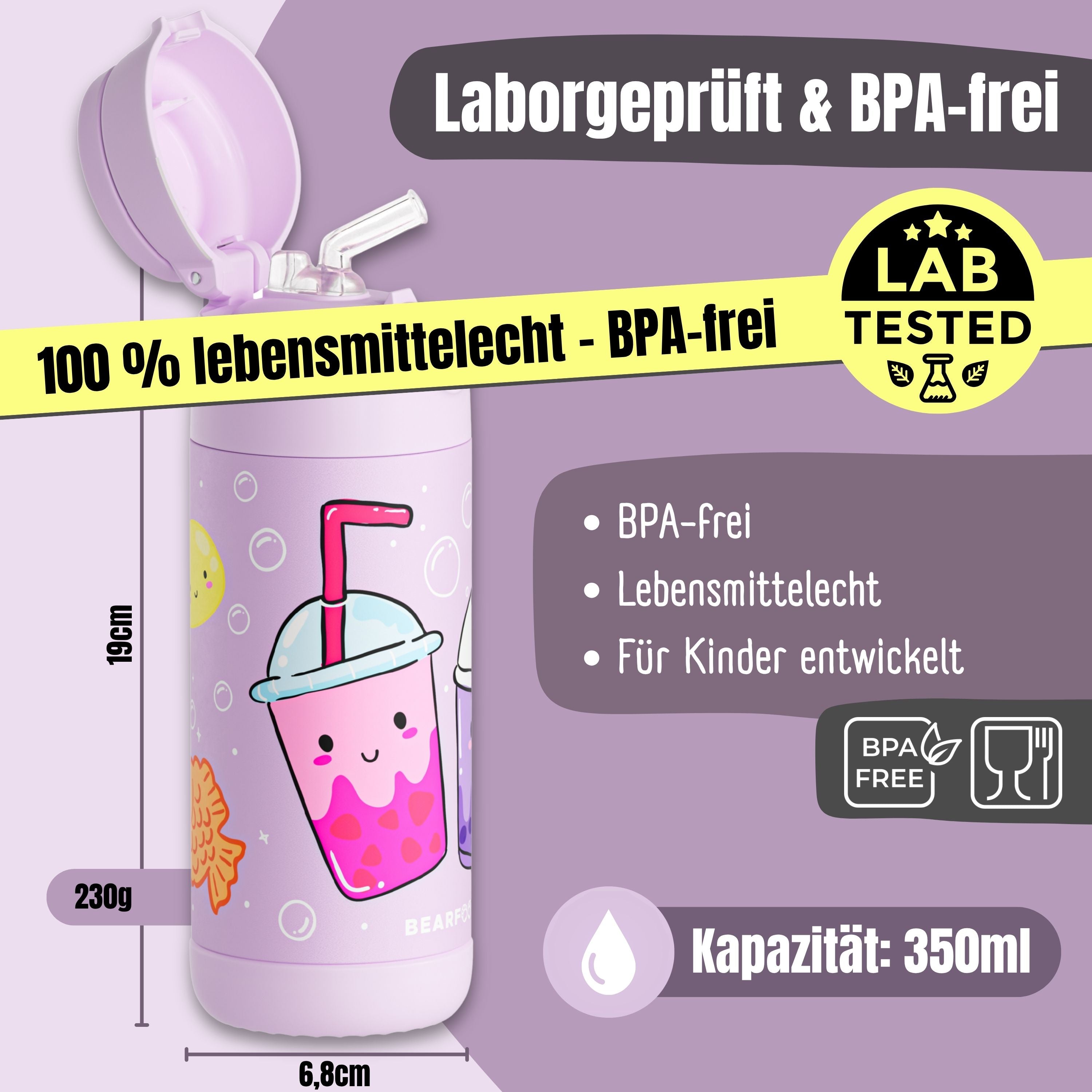 Thermo Kinder Trinkflasche Edelstahl - BubbleTea lila