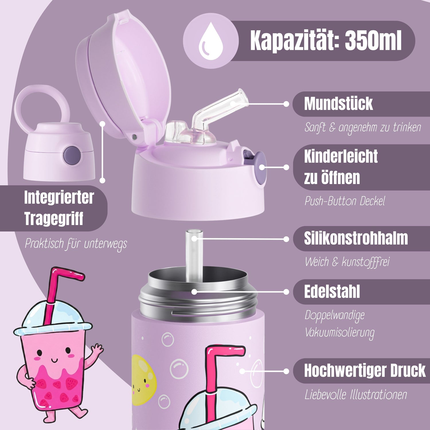 Thermo Kinder Trinkflasche Edelstahl - BubbleTea lila