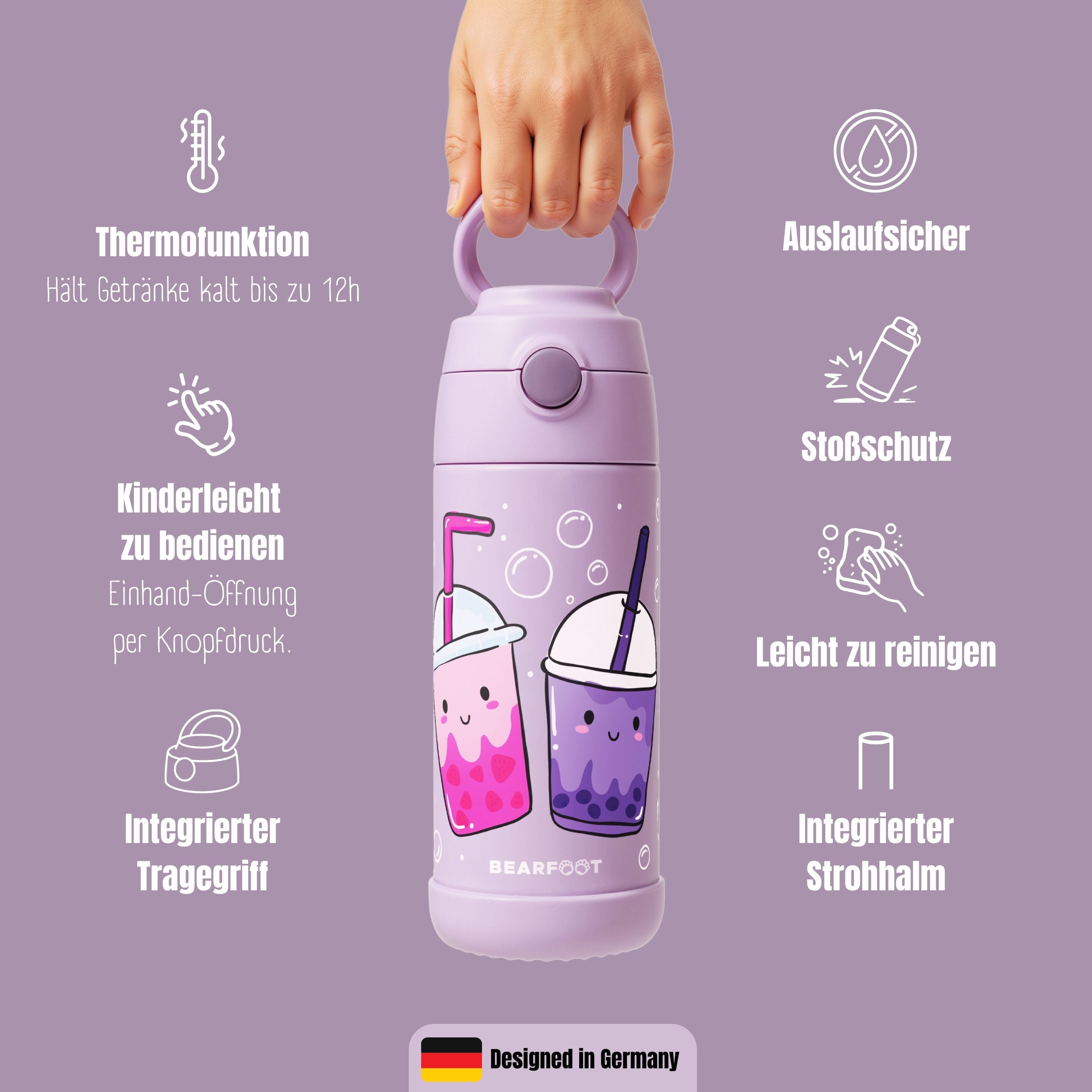 Thermo Kinder Trinkflasche Edelstahl - BubbleTea lila