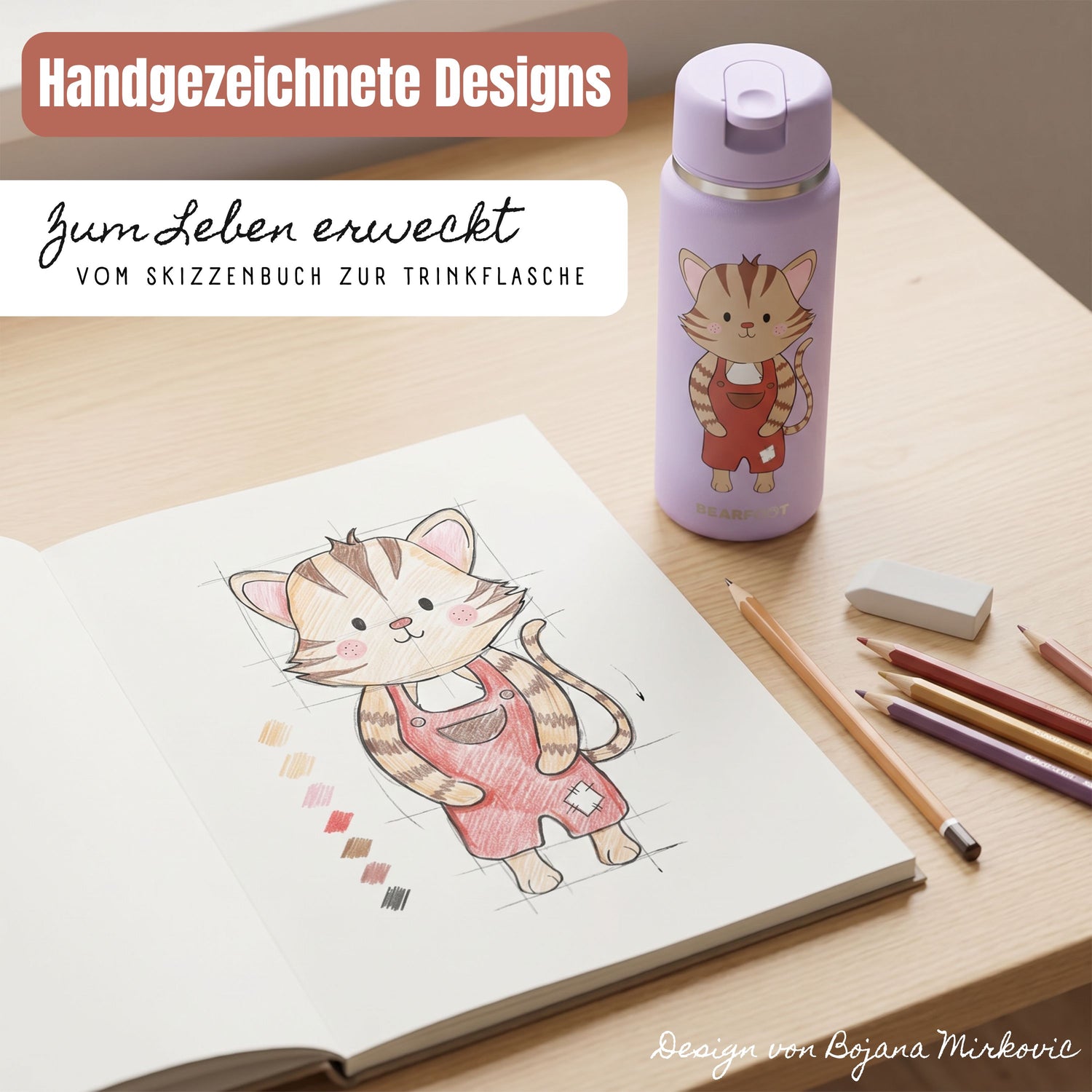 TINY Thermo Kinder Trinkflasche Edelstahl - Katze lila
