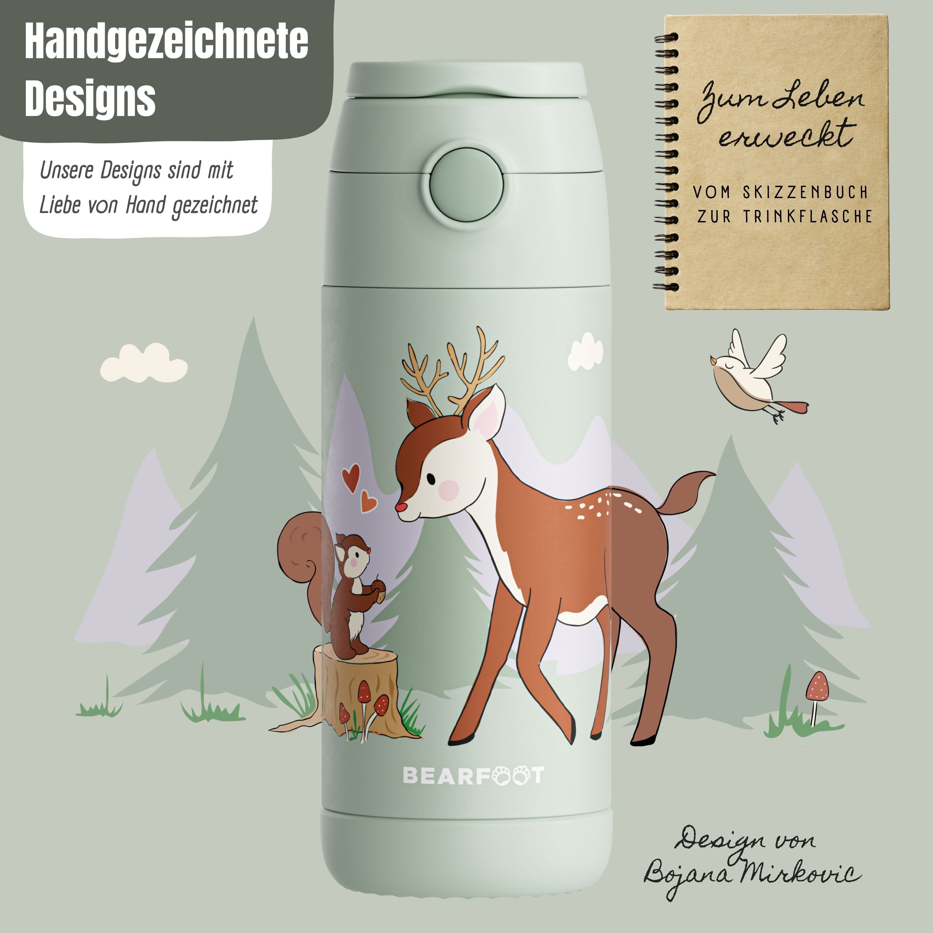 Thermo Kinder Trinkflasche Edelstahl - Reh grün