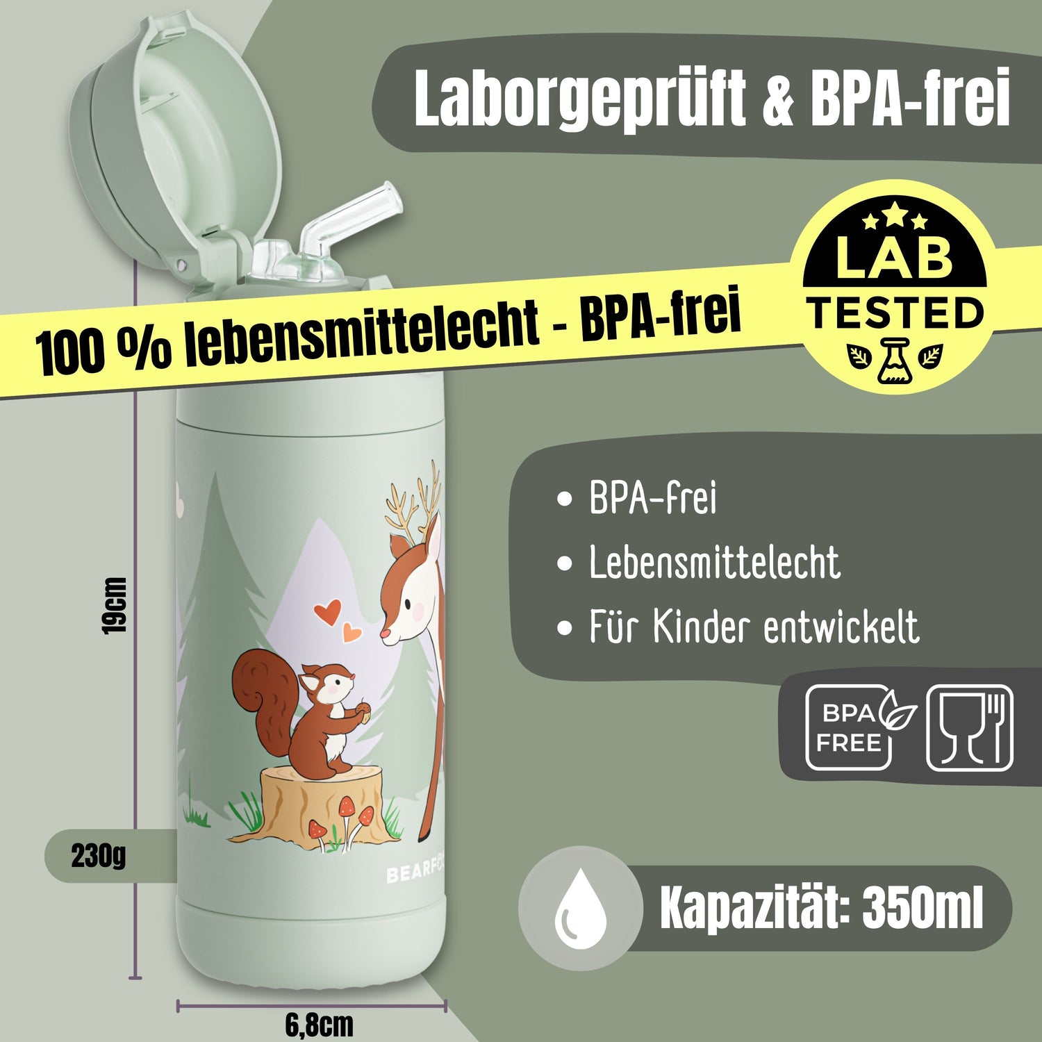 Thermo Kinder Trinkflasche Edelstahl - Reh grün