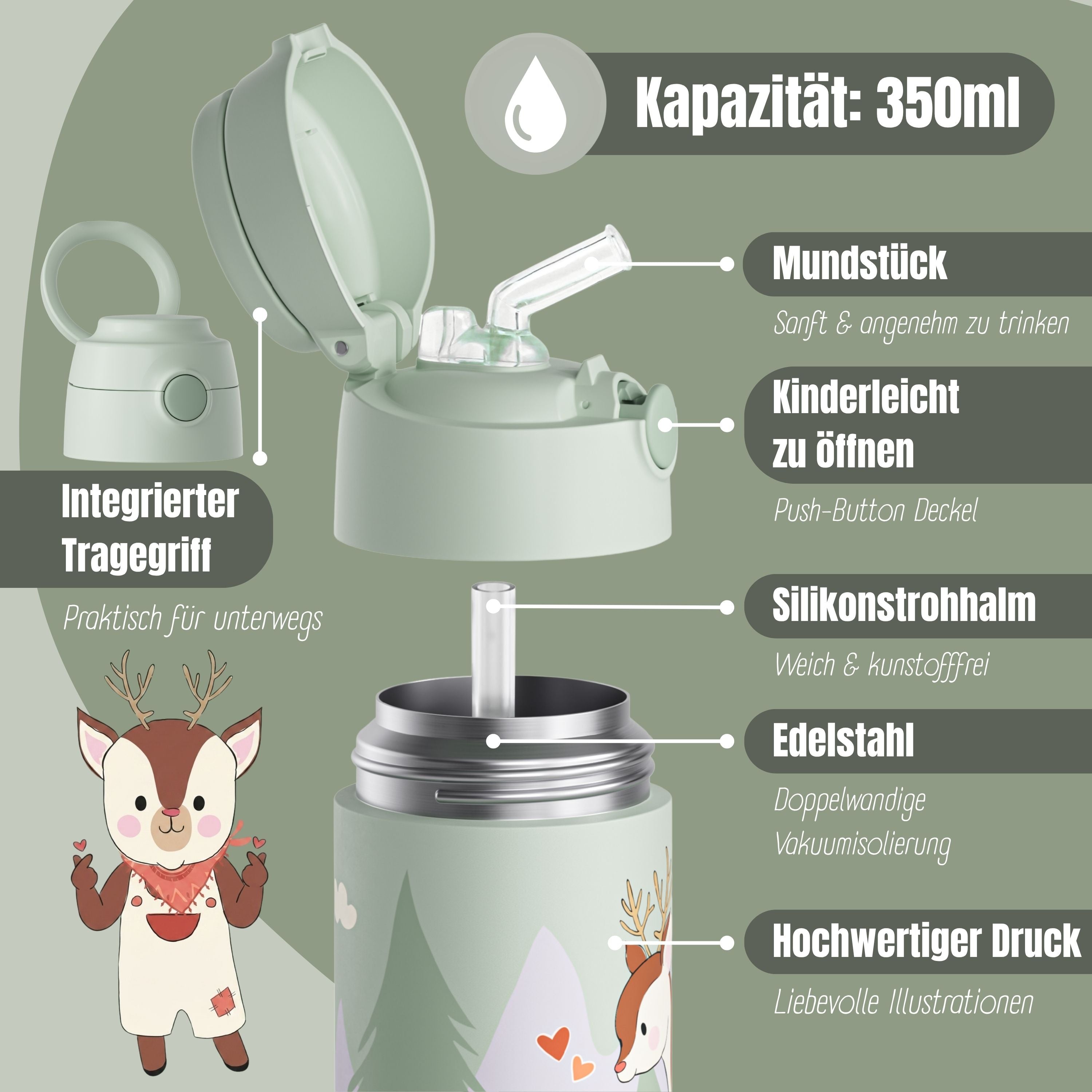 Thermo Kinder Trinkflasche Edelstahl - Reh grün