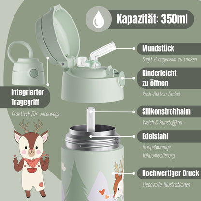Thermo Kinder Trinkflasche Edelstahl - Reh grün