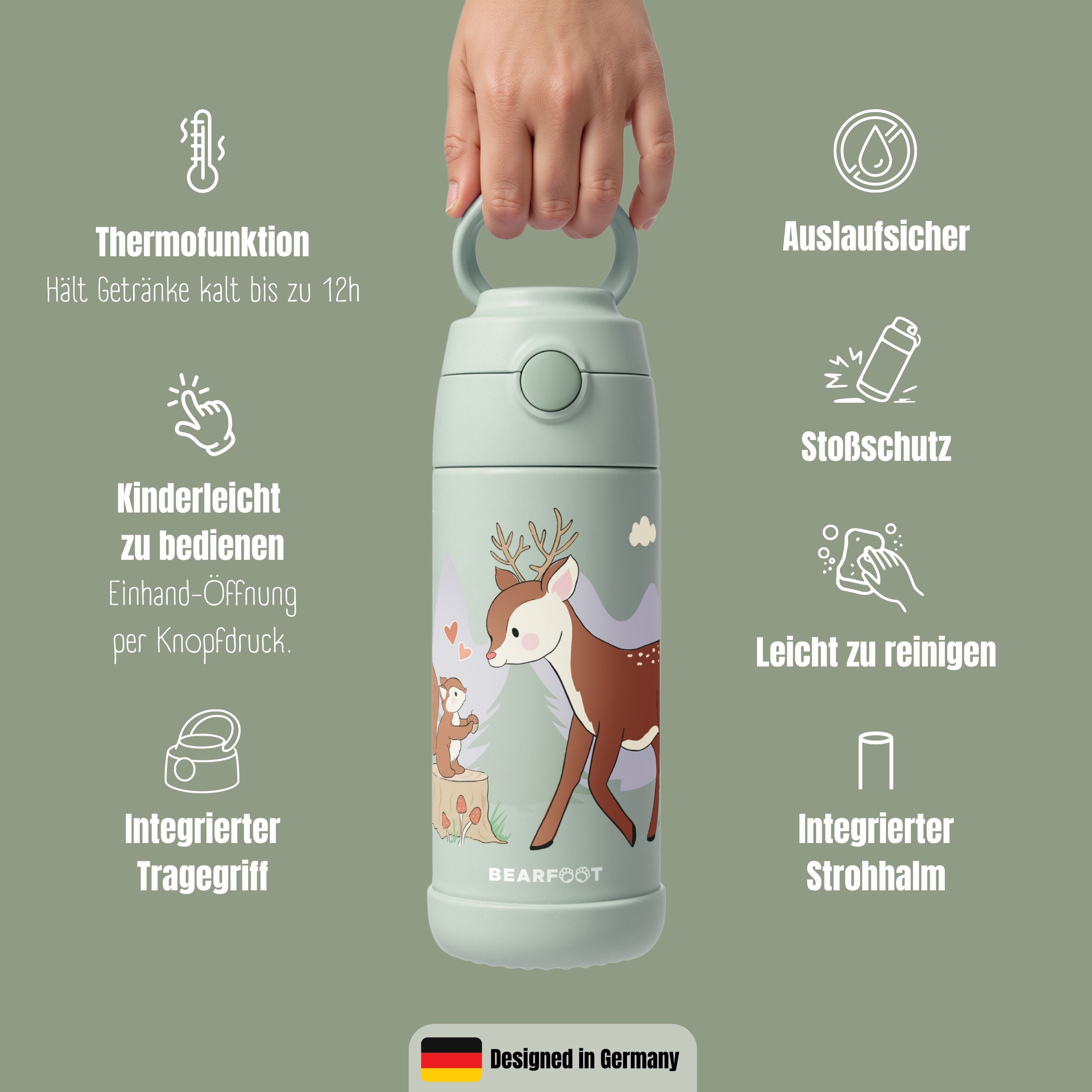 Thermo Kinder Trinkflasche Edelstahl - Reh grün