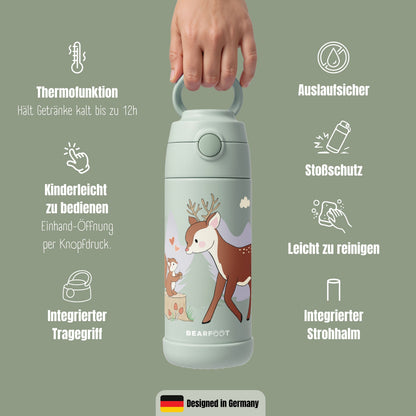 Thermo Kinder Trinkflasche Edelstahl - Reh grün