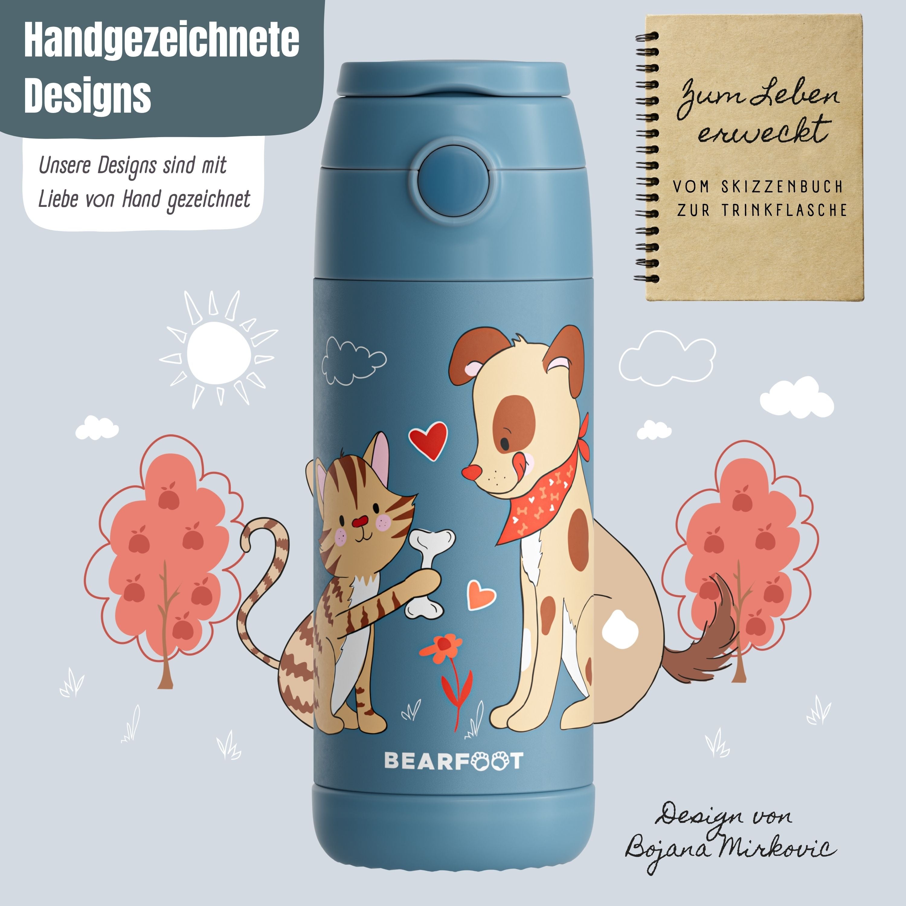 Thermo Kinder Trinkflasche Edelstahl - Hund &amp; Katze blau