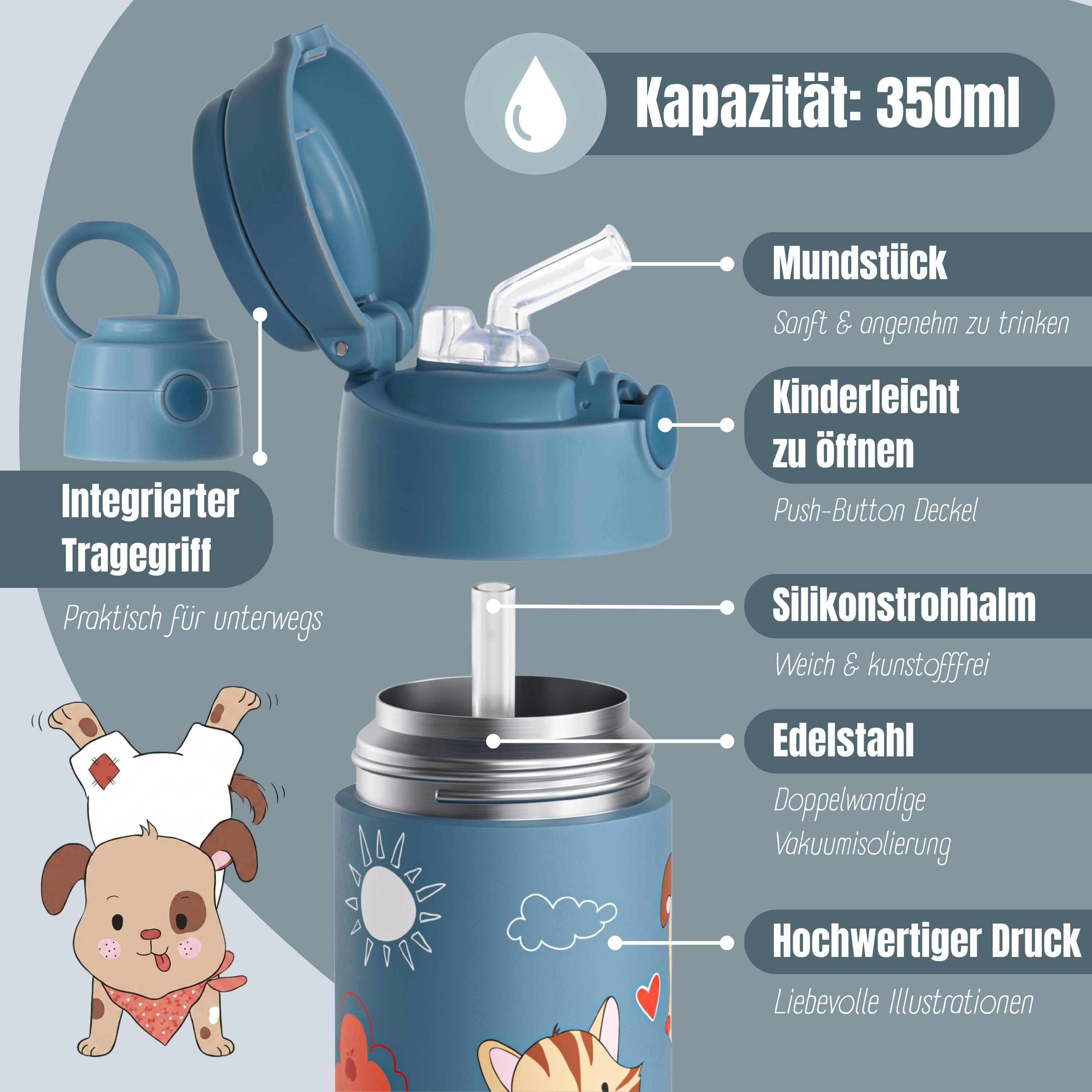 Thermo Kinder Trinkflasche Edelstahl - Hund &amp; Katze blau