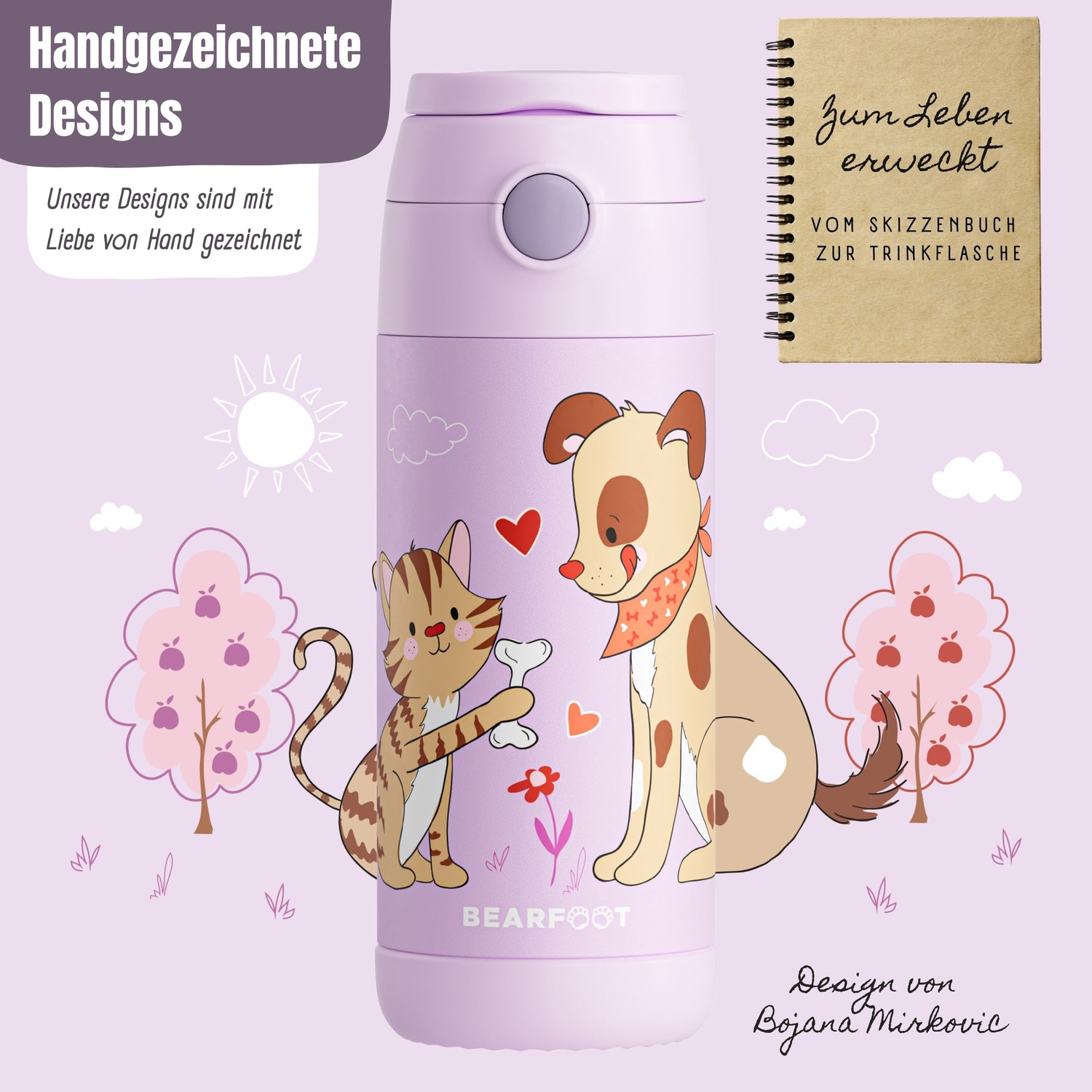 Thermo Kinder Trinkflasche Edelstahl - Hund &amp; Katze lila