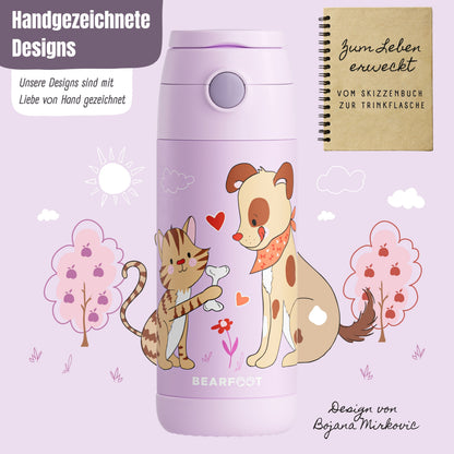 Thermo Kinder Trinkflasche Edelstahl - Hund &amp; Katze lila