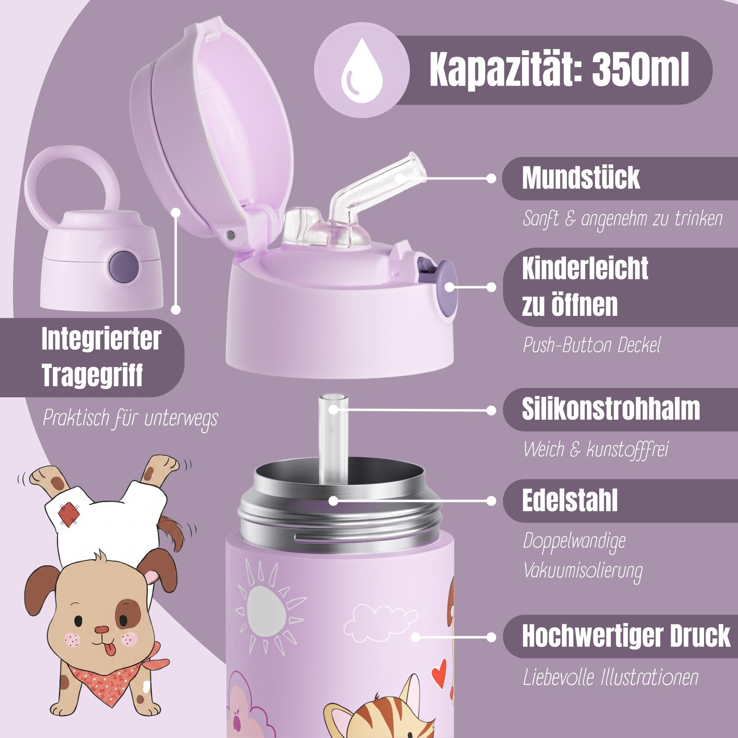 Thermo Kinder Trinkflasche Edelstahl - Hund &amp; Katze lila