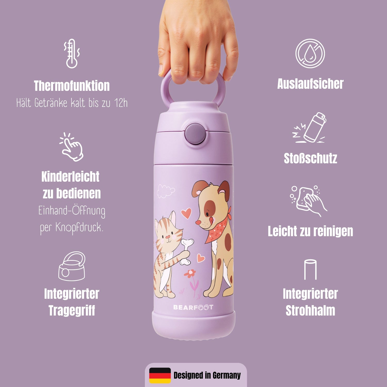 Thermo Kinder Trinkflasche Edelstahl - Hund &amp; Katze lila