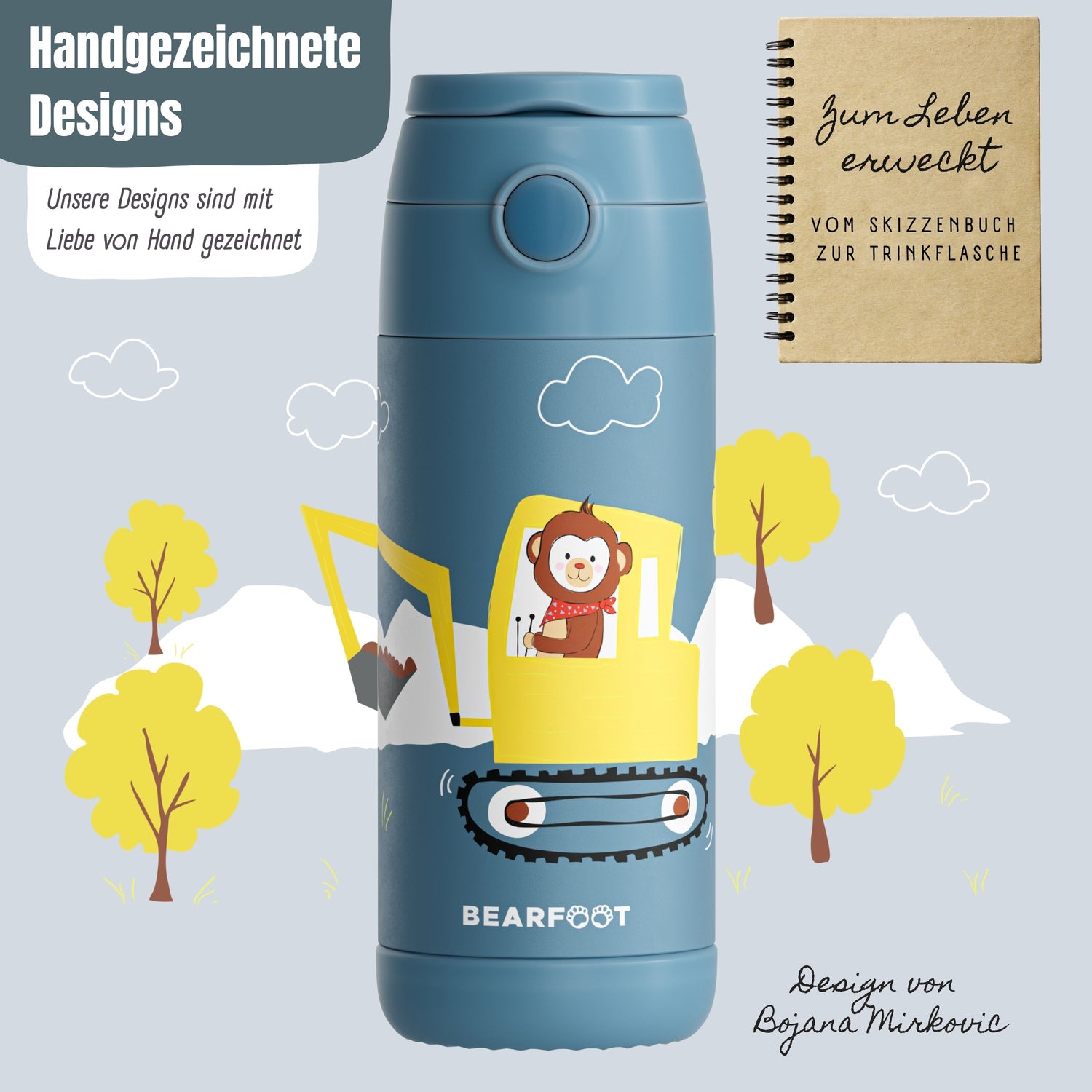 Thermo Kinder Trinkflasche Edelstahl - Bagger Affe blau