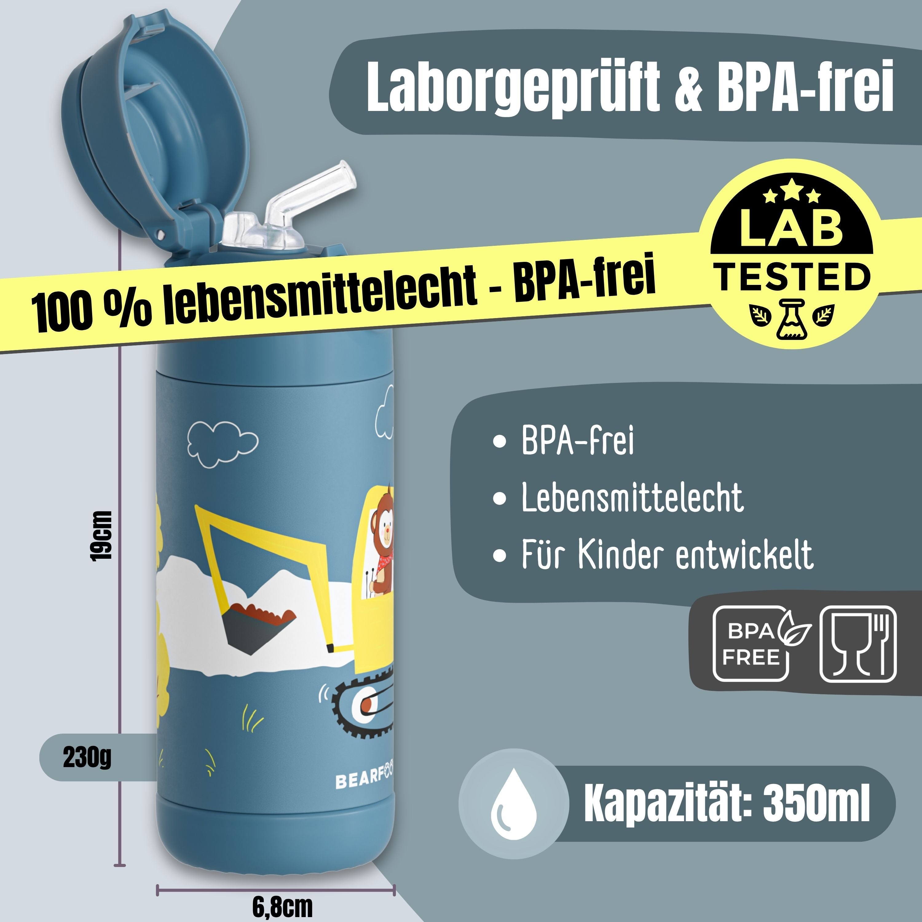 Thermo Kinder Trinkflasche Edelstahl - Bagger Affe blau