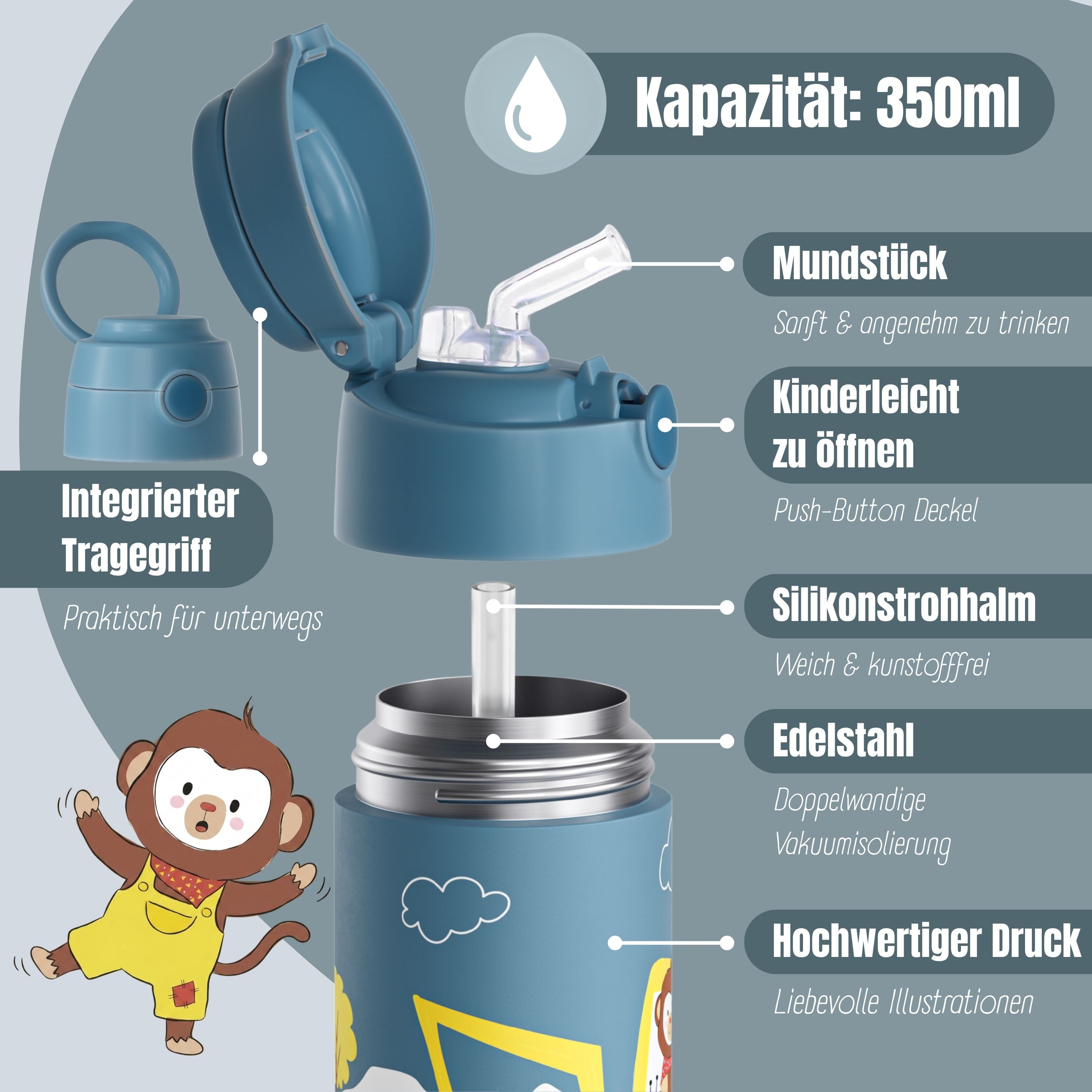 Thermo Kinder Trinkflasche Edelstahl - Bagger Affe blau