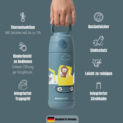 Thermo Kinder Trinkflasche Edelstahl - Bagger Affe blau