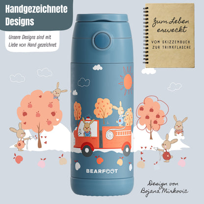 Thermo Kinder Trinkflasche Edelstahl - Feuerwehr Hase blau