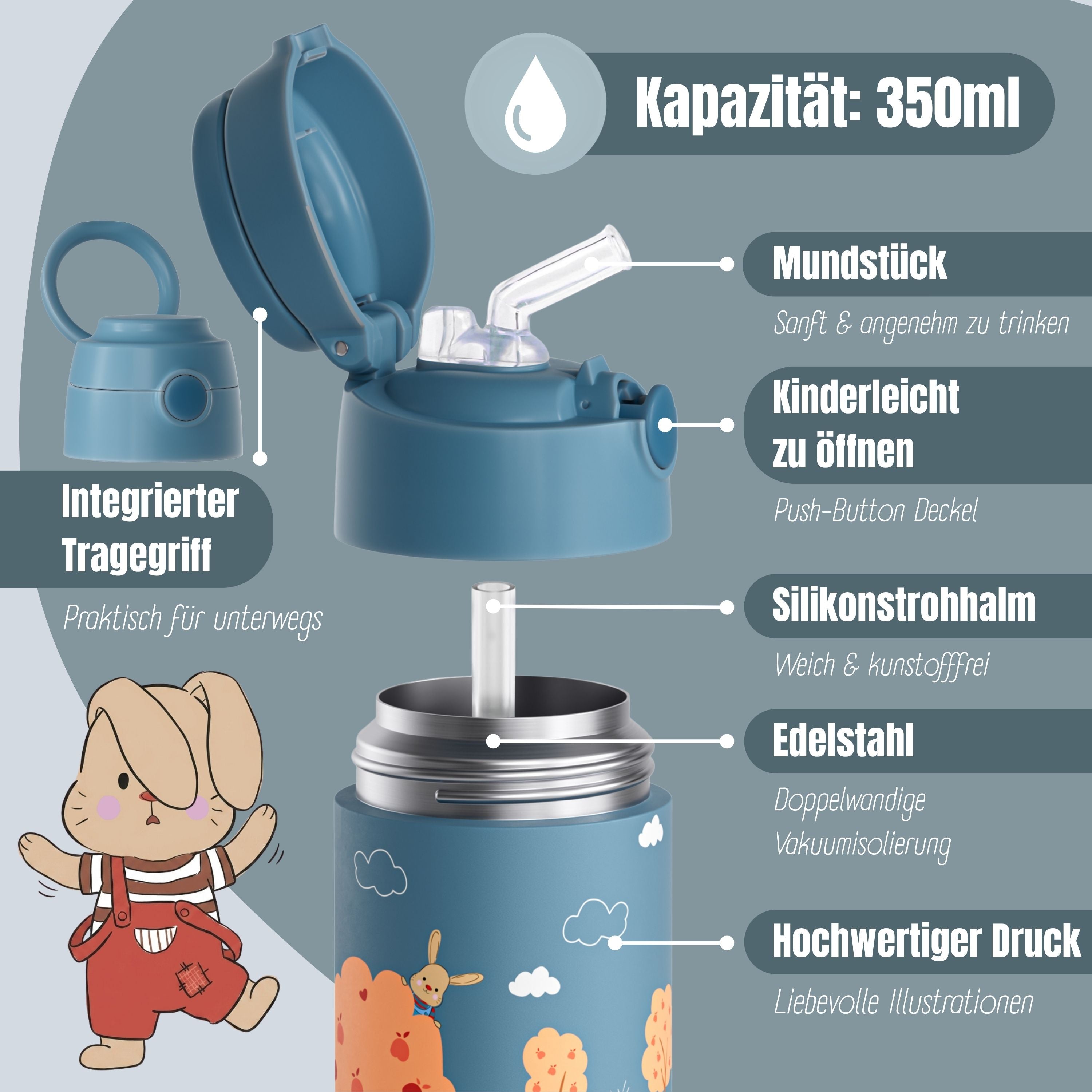 Thermo Kinder Trinkflasche Edelstahl - Feuerwehr Hase blau