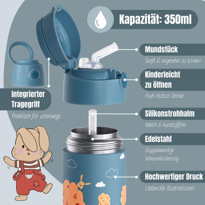 Thermo Kinder Trinkflasche Edelstahl - Feuerwehr Hase blau