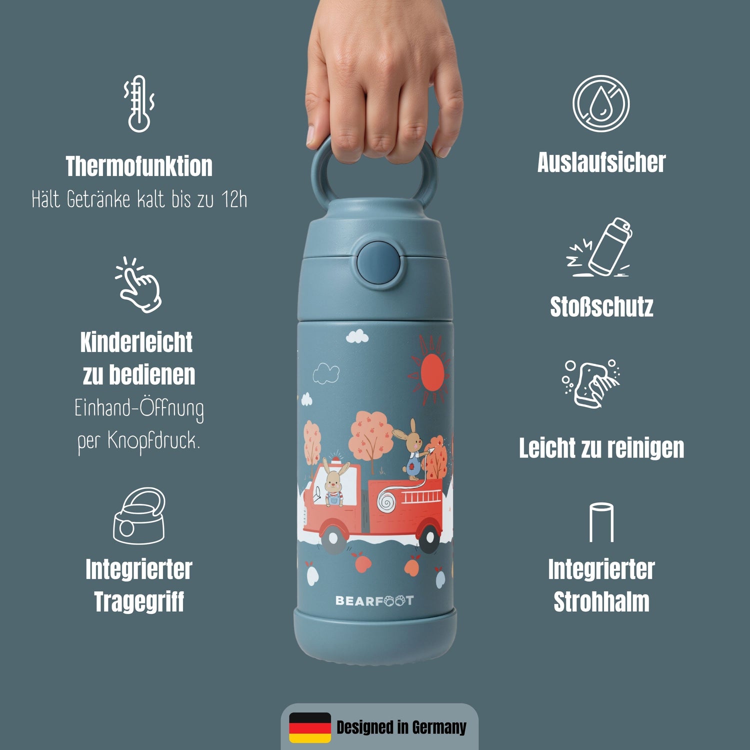 Thermo Kinder Trinkflasche Edelstahl - Feuerwehr Hase blau
