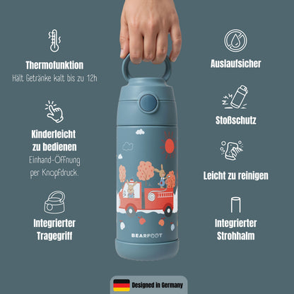 Thermo Kinder Trinkflasche Edelstahl - Feuerwehr Hase blau