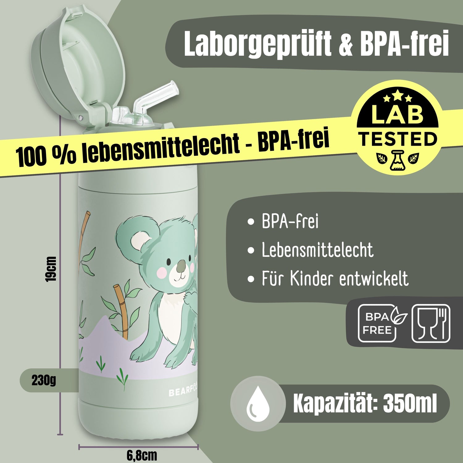 Thermo Kinder Trinkflasche Edelstahl - Koala grün