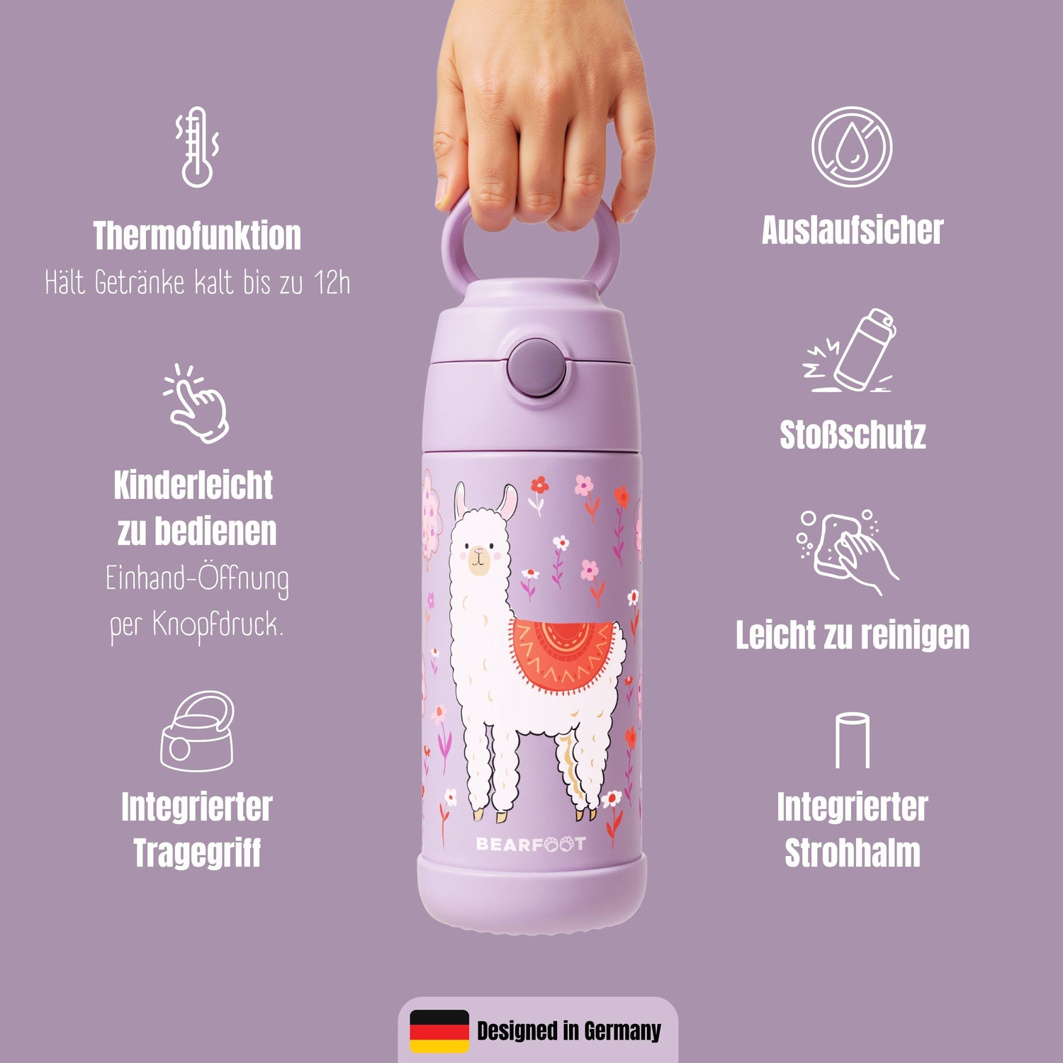 Thermo Kinder Trinkflasche Edelstahl - Lama lila