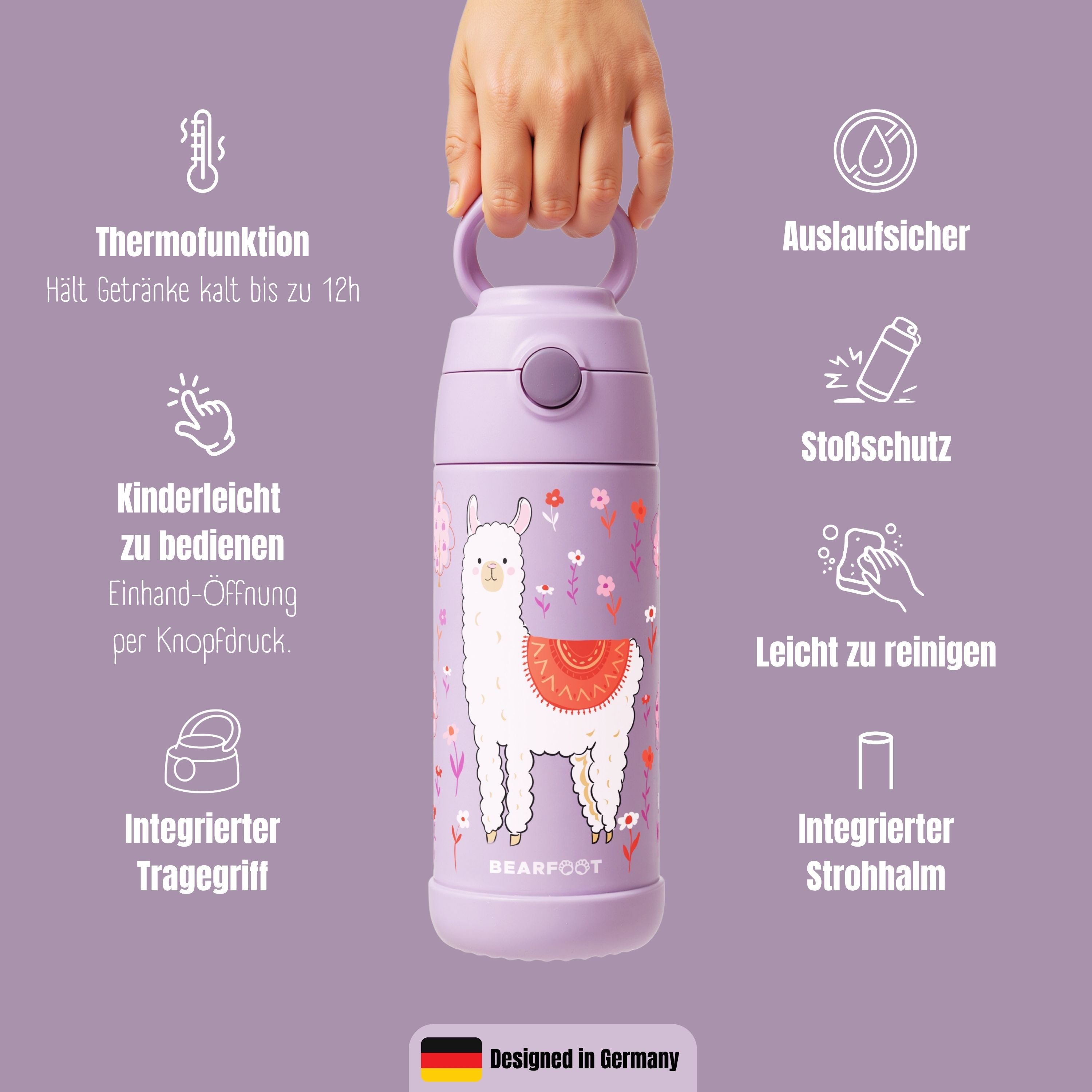 Thermo Kinder Trinkflasche Edelstahl - Lama lila