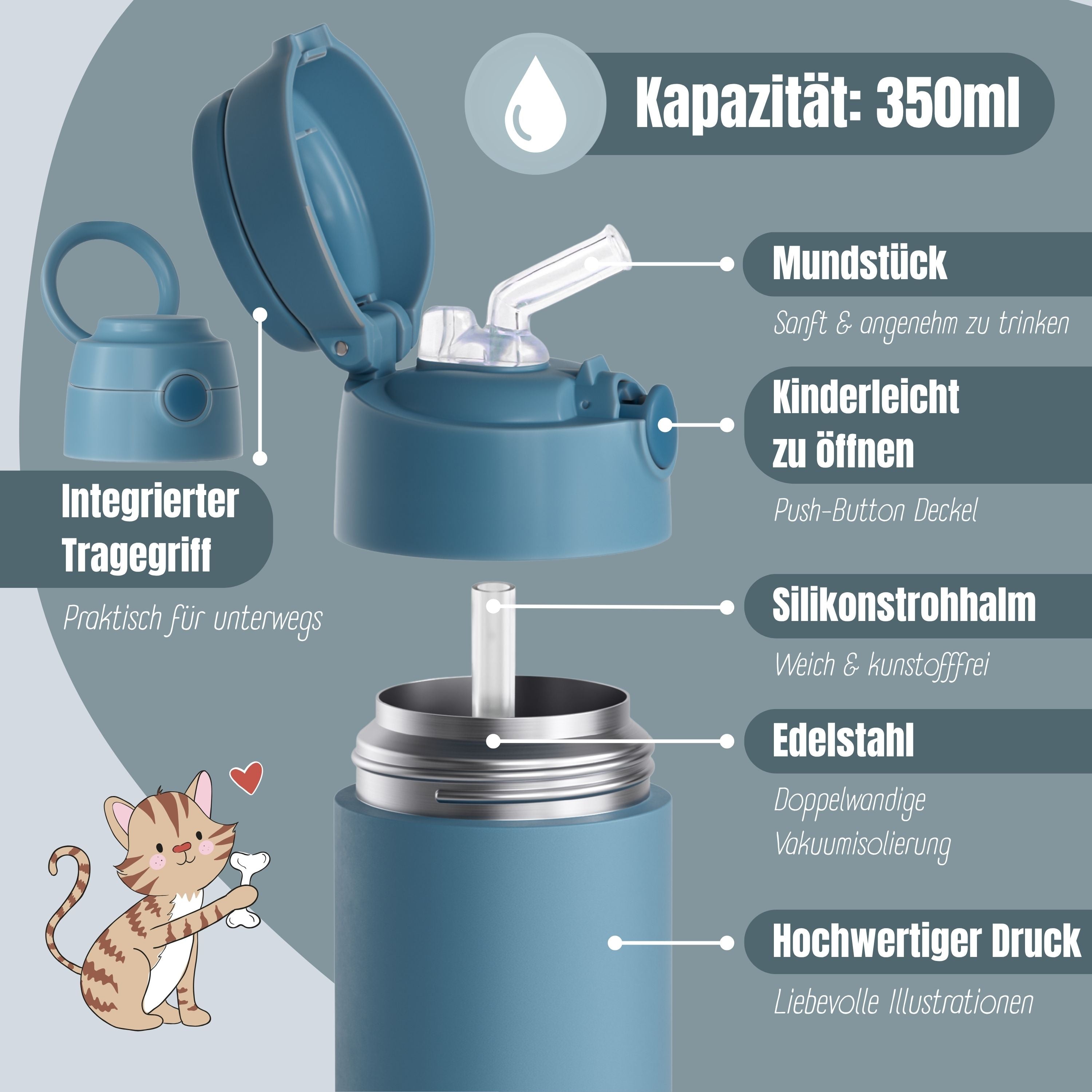 Thermo Kinder Trinkflasche Edelstahl - blau