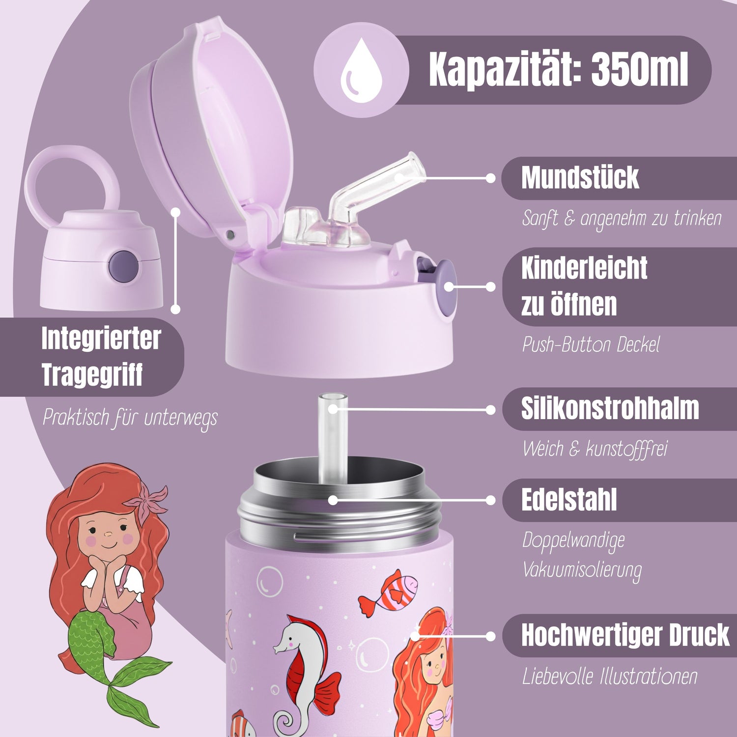Thermo Kinder Trinkflasche Edelstahl - Meerjungfrau lila