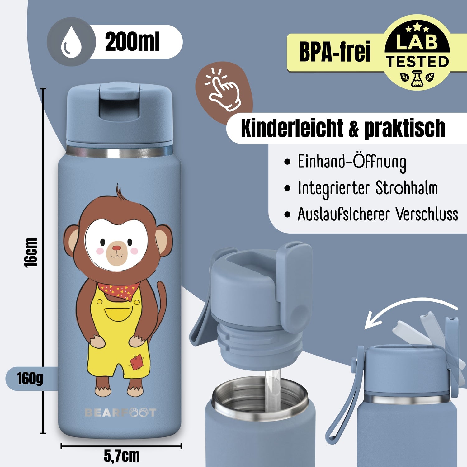 TINY Thermo Kinder Trinkflasche Edelstahl - Affe