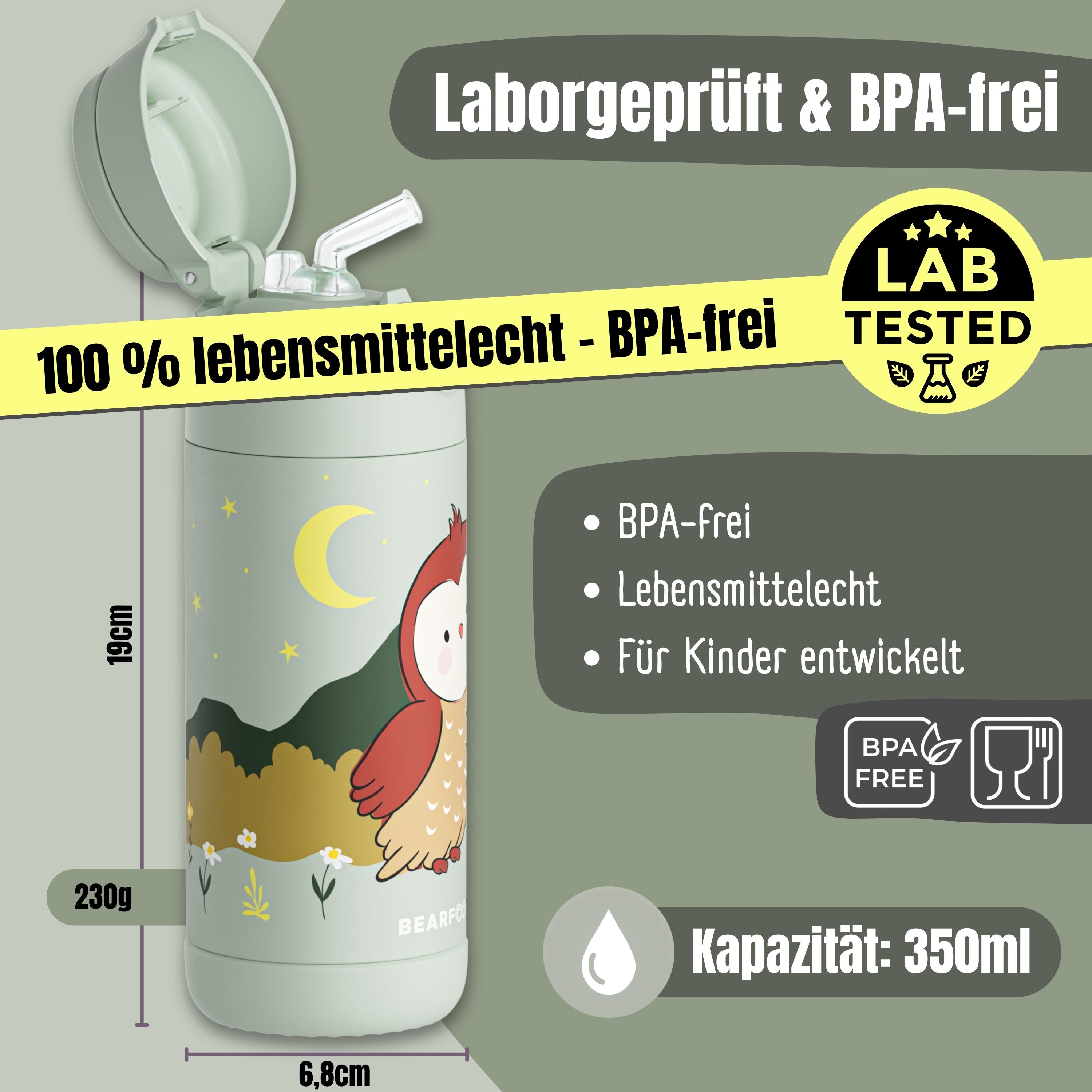 Thermo Kinder Trinkflasche Edelstahl - Eule grün