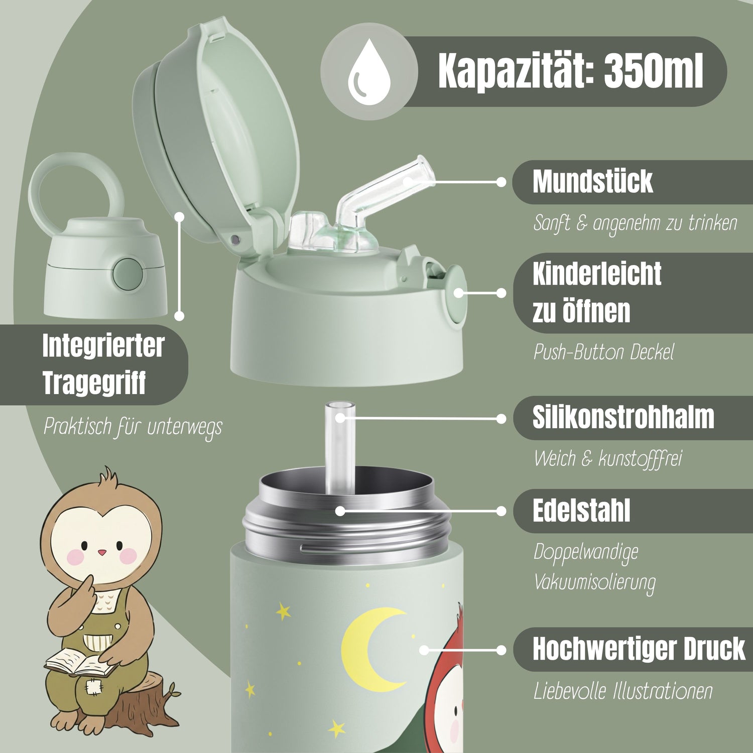 Thermo Kinder Trinkflasche Edelstahl - Eule grün