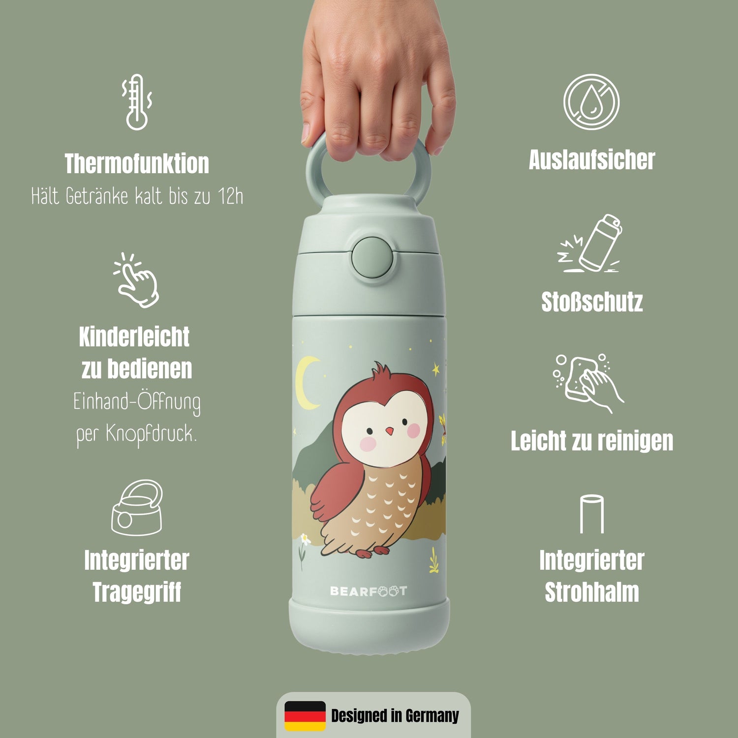 Thermo Kinder Trinkflasche Edelstahl - Eule grün