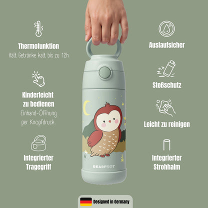 Thermo Kinder Trinkflasche Edelstahl - Eule grün
