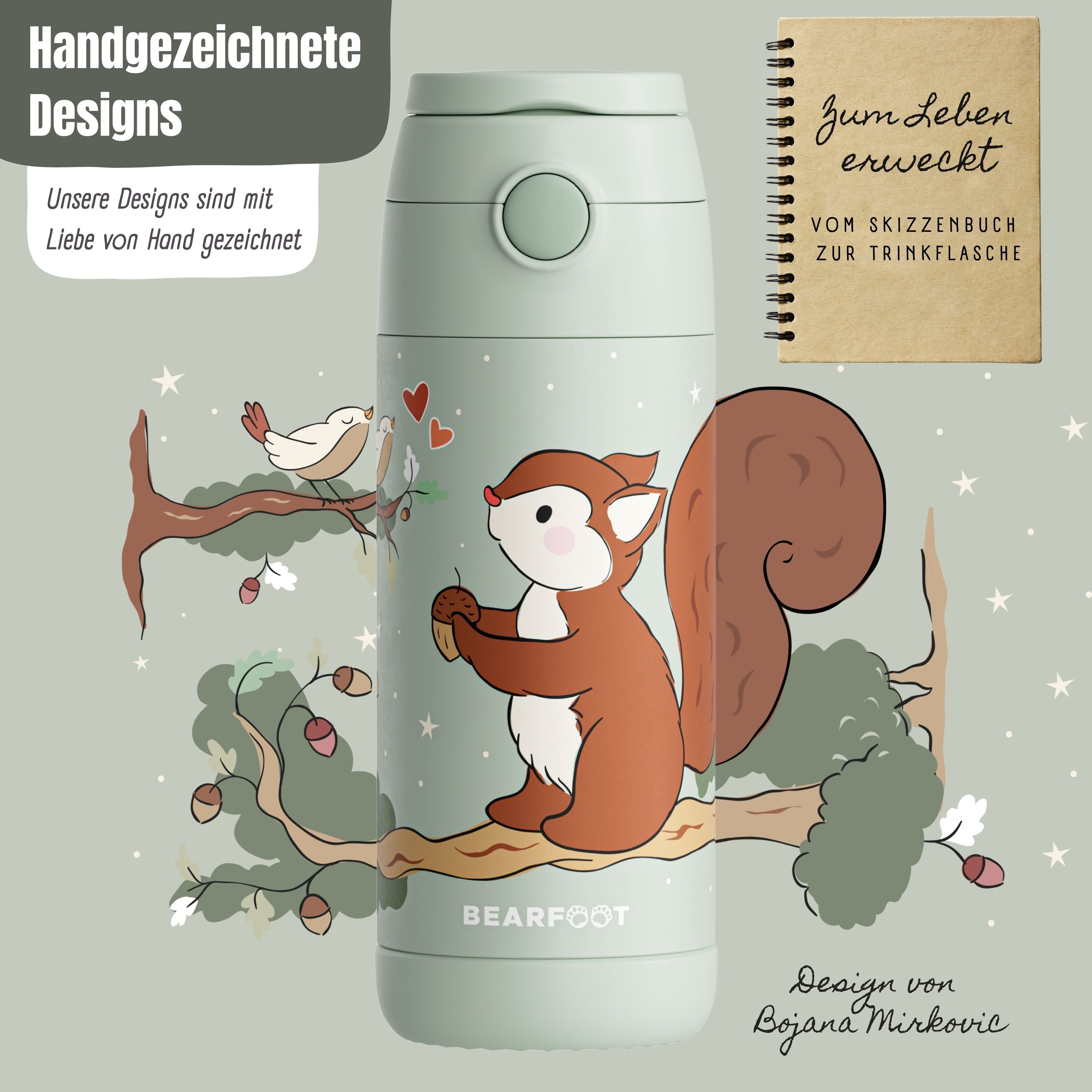 Thermo Kinder Trinkflasche Edelstahl - Eichhörnchen grün