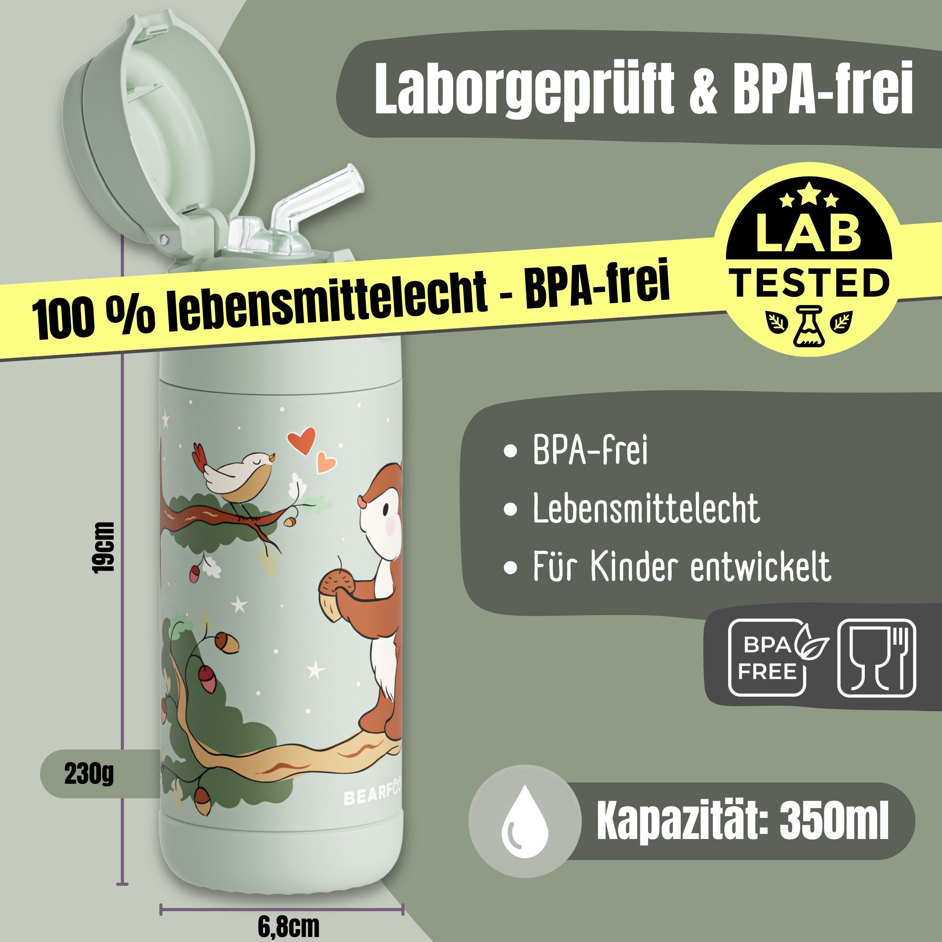 Thermo Kinder Trinkflasche Edelstahl - Eichhörnchen grün