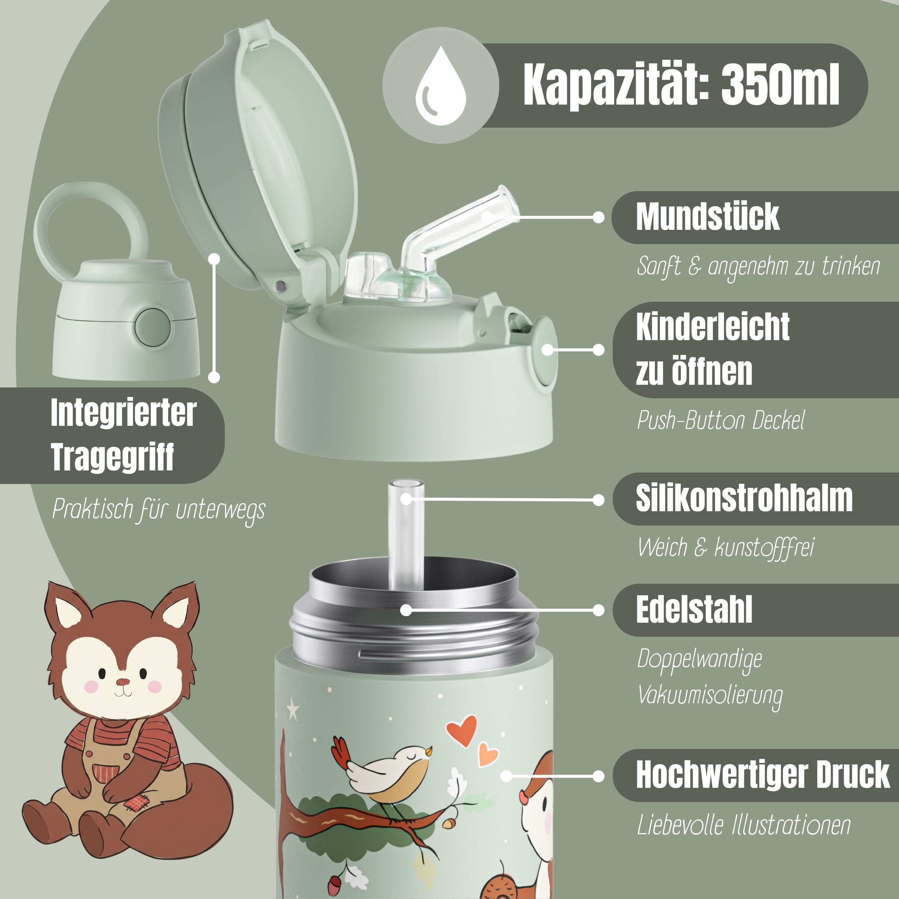 Thermo Kinder Trinkflasche Edelstahl - Eichhörnchen grün